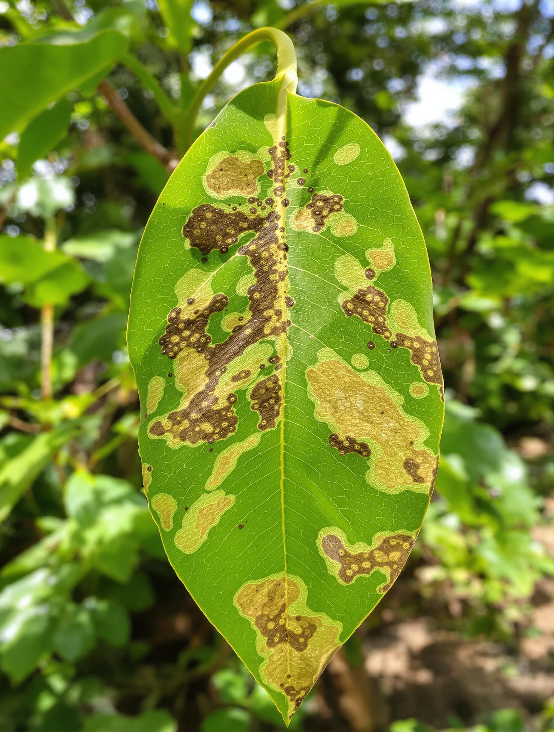 Feuille de flamboyant montrant des taches foliaires et des galeries de termites