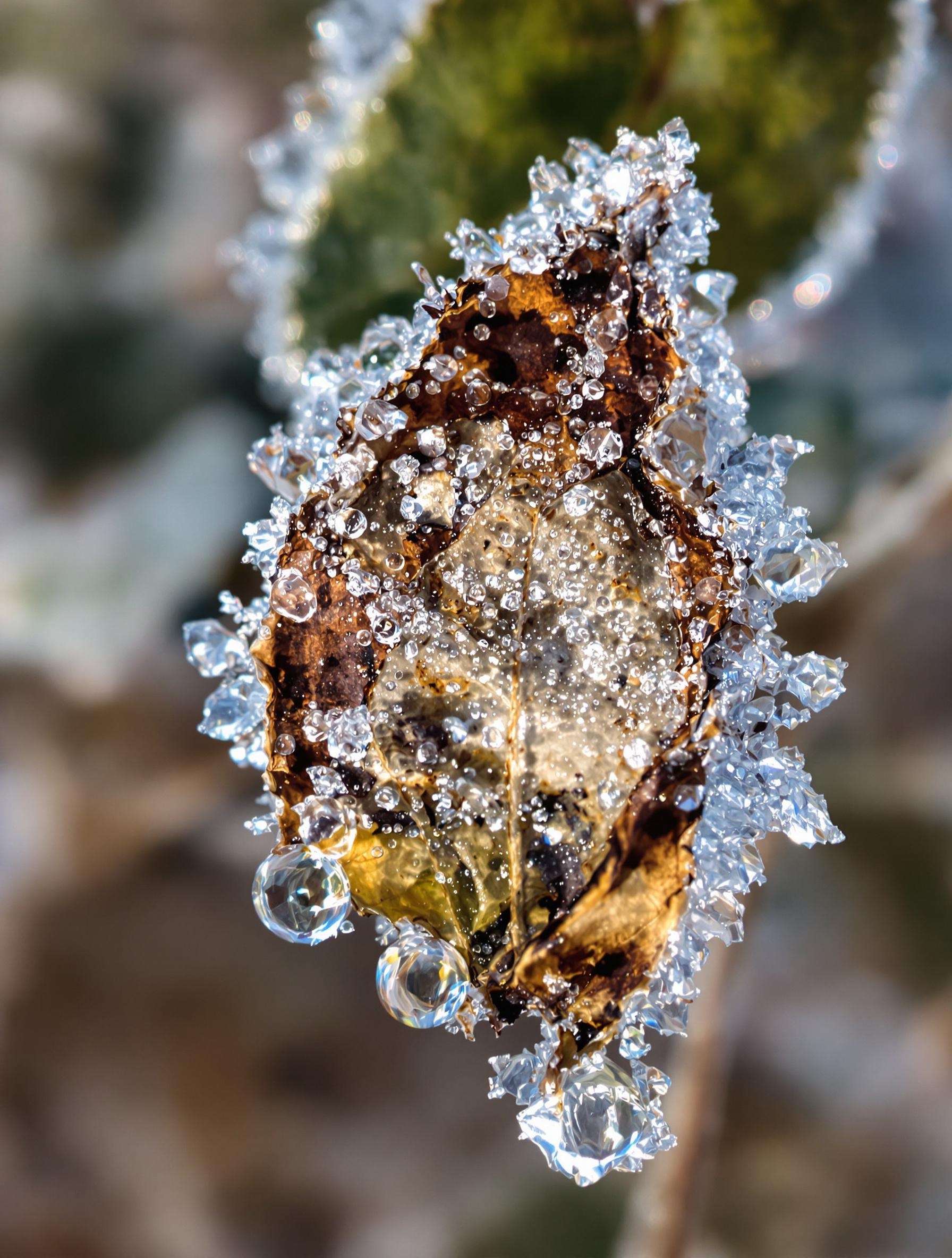 Feuille d'olivier brûlée par le gel avec des gouttes d’eau gelées