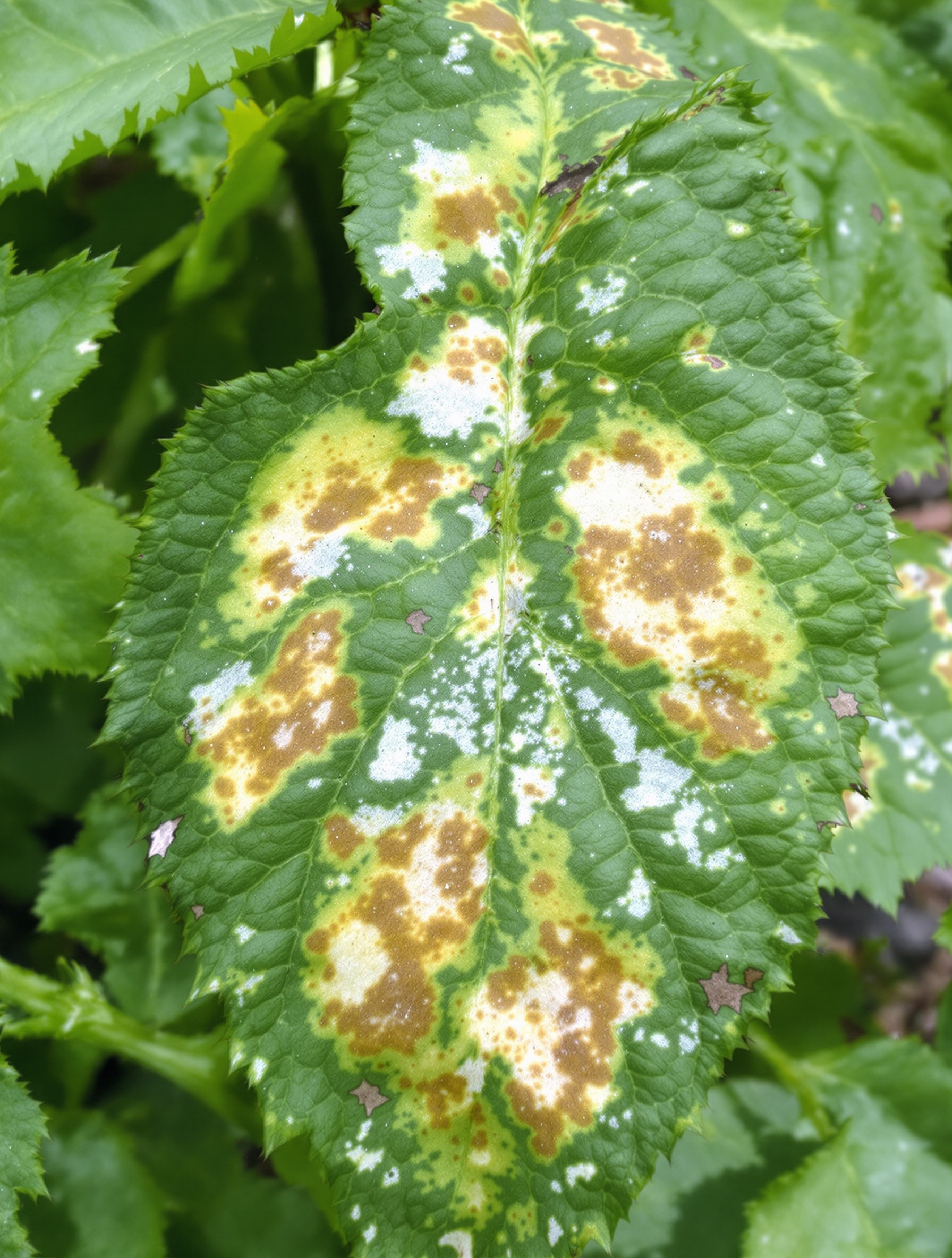 Feuilles de tomate atteintes par le mildiou présentant taches brunes et duvet blanc évident.