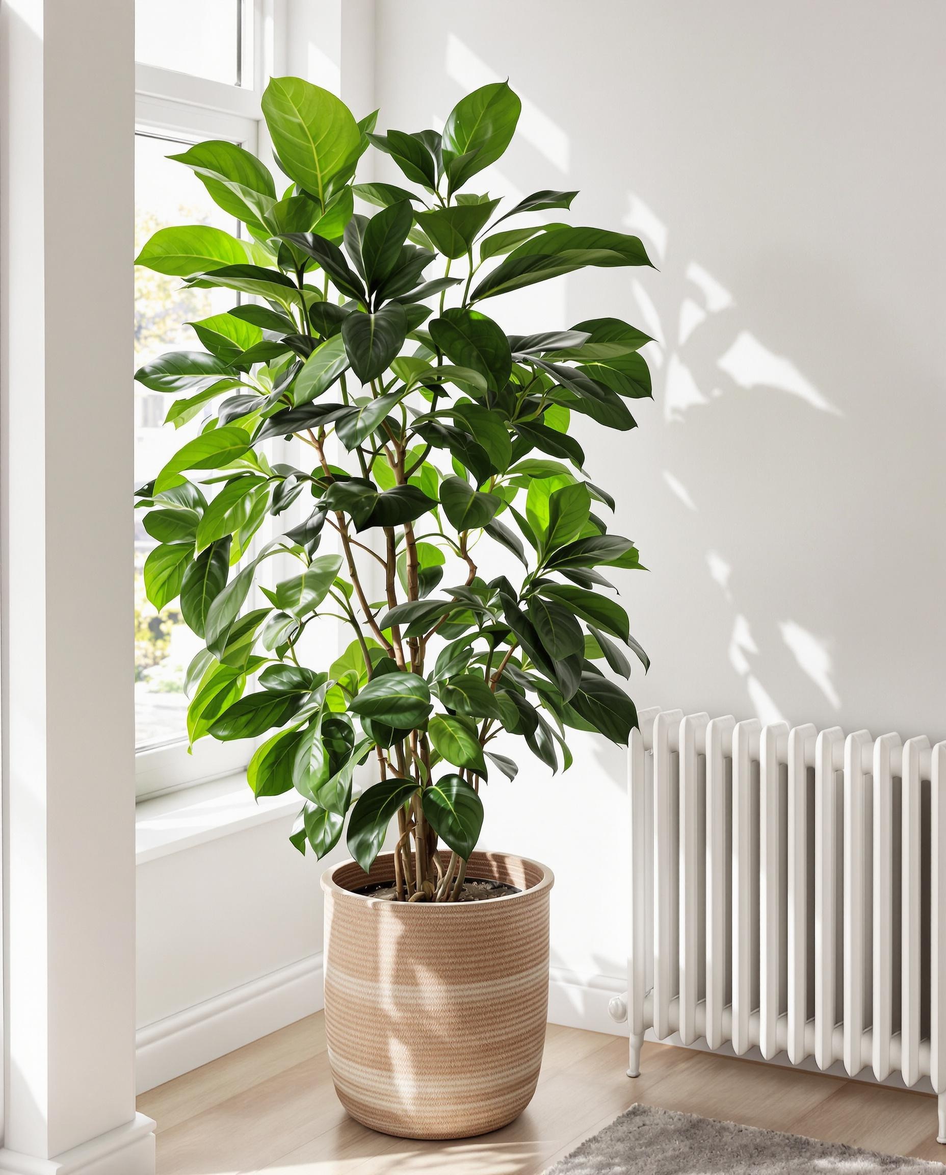 Ficus robuste dans pot adapté près d'une fenêtre lumineuse