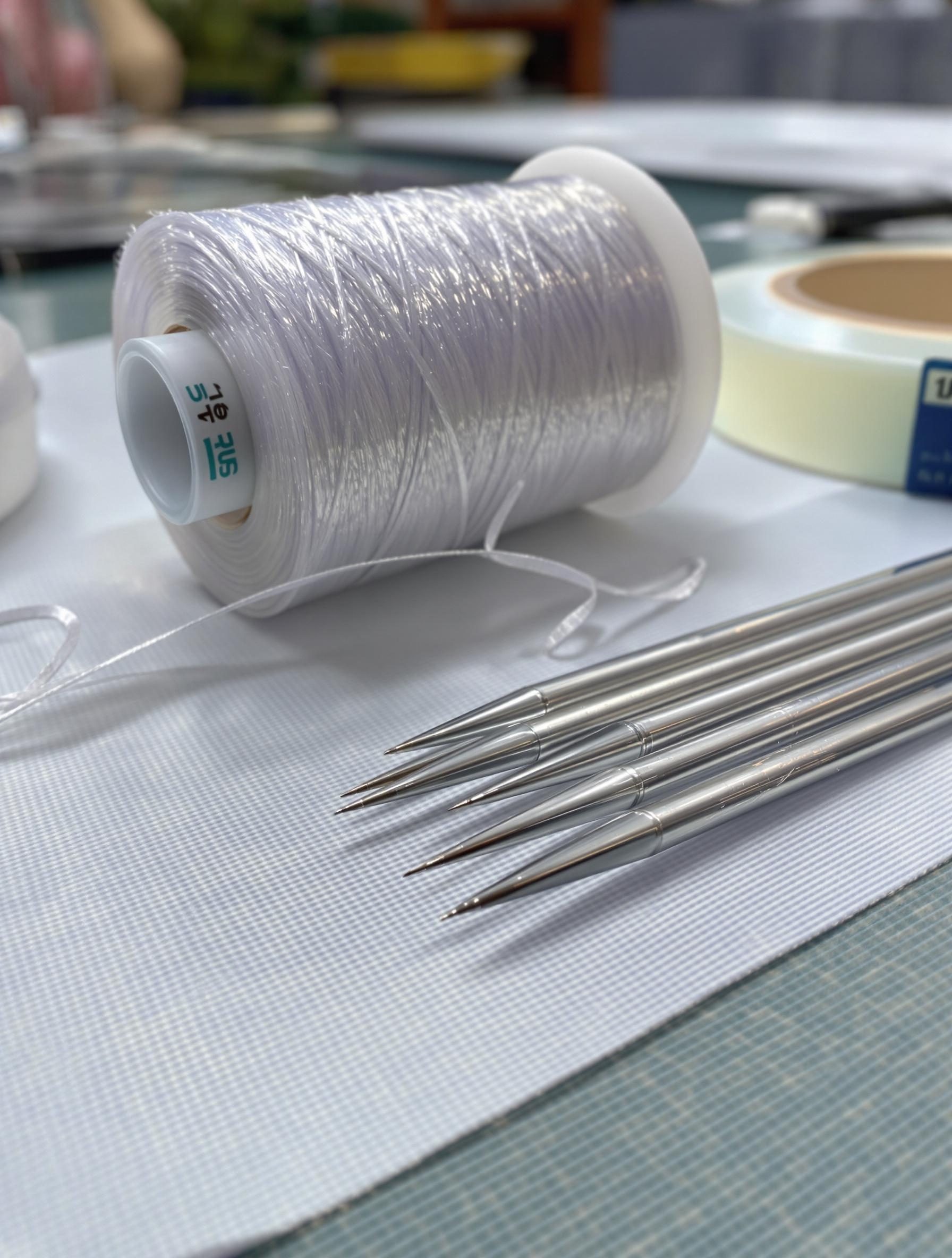 Kit couture pro : fil UV hyper résistant, aiguilles spéciales plastique épais et ruban adhésif spécial bâche piscine sur table d’atelier.