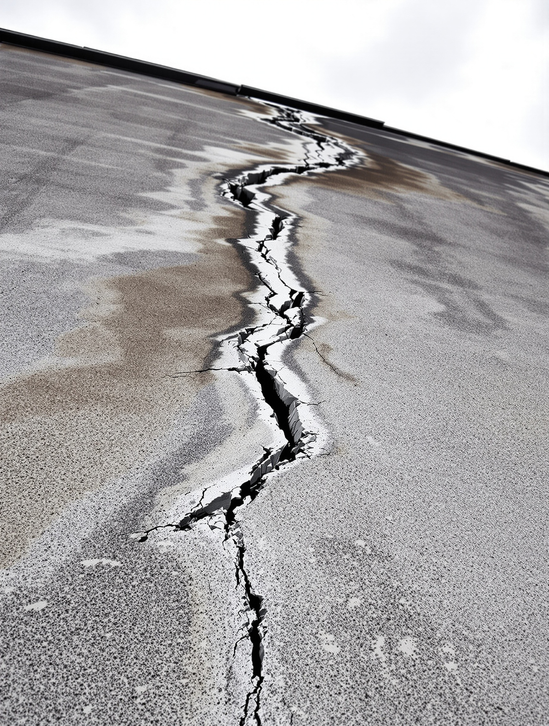 Fissure importante sur une façade en béton