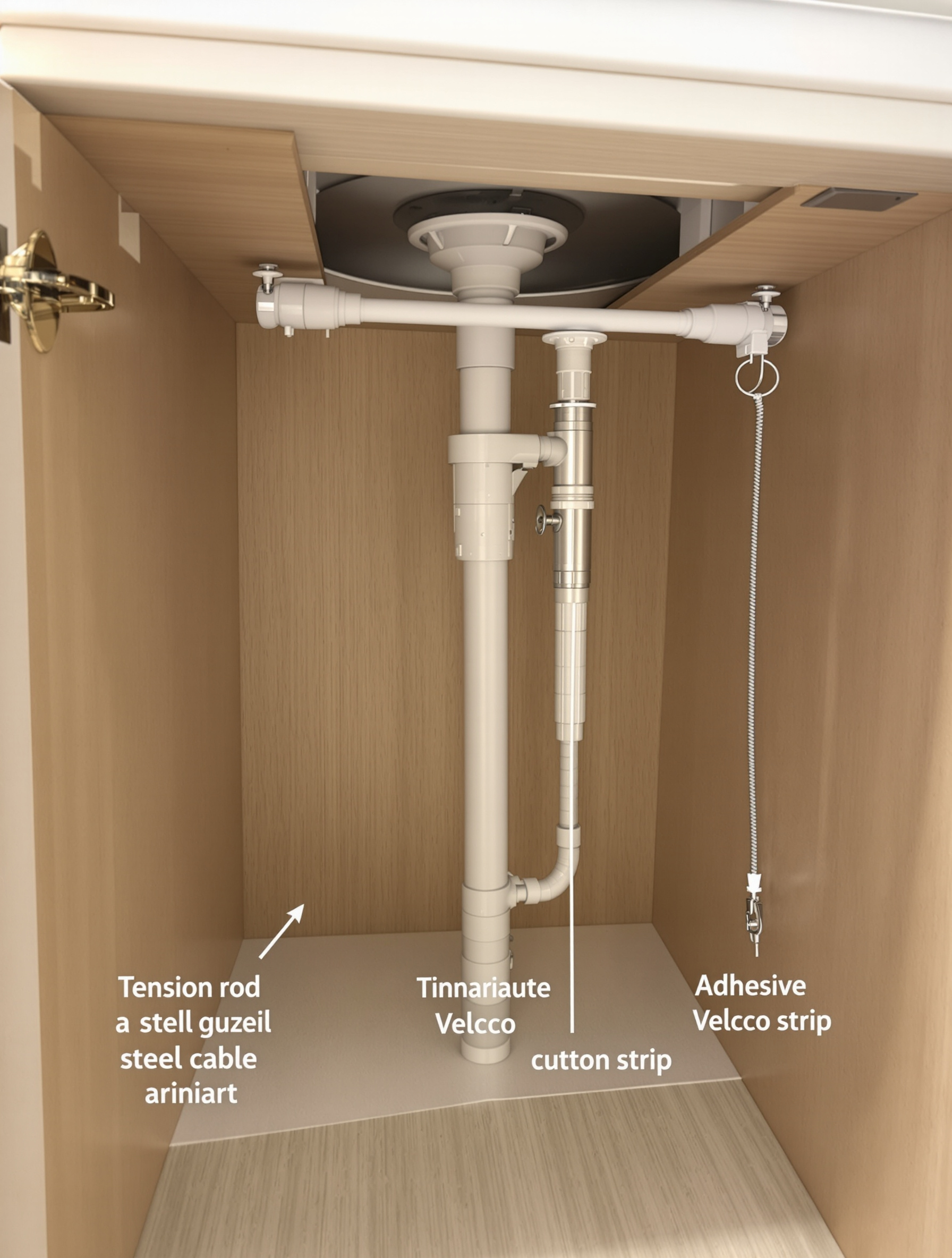 Gros plan sur les trois systèmes de fixation pour un rideau sous évier : tringle à tension blanche, câble en acier tendu avec des pitons et bande Velcro collée sous un plan de travail.