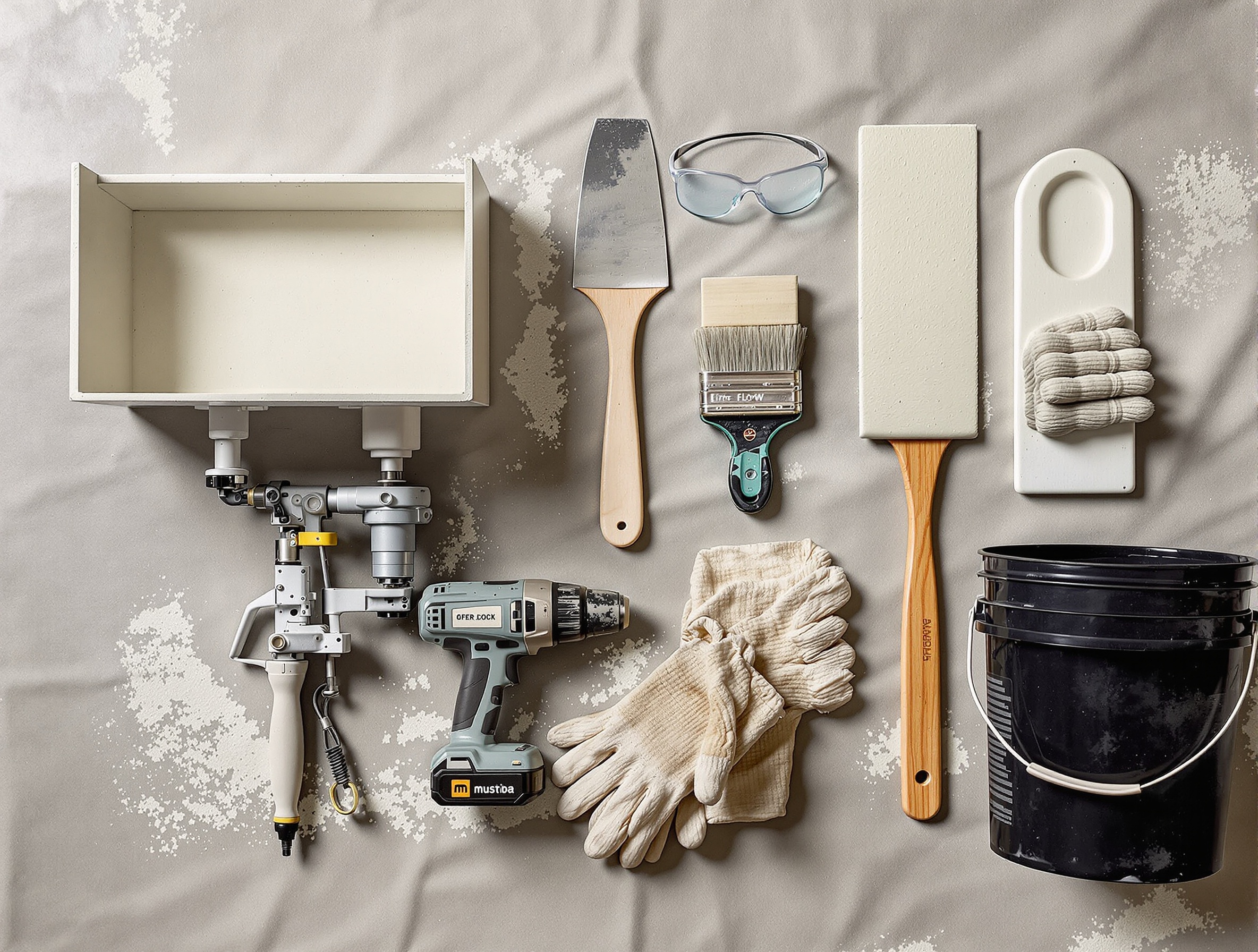 Outils enduit à la chaux style bohème posés sur sol béton