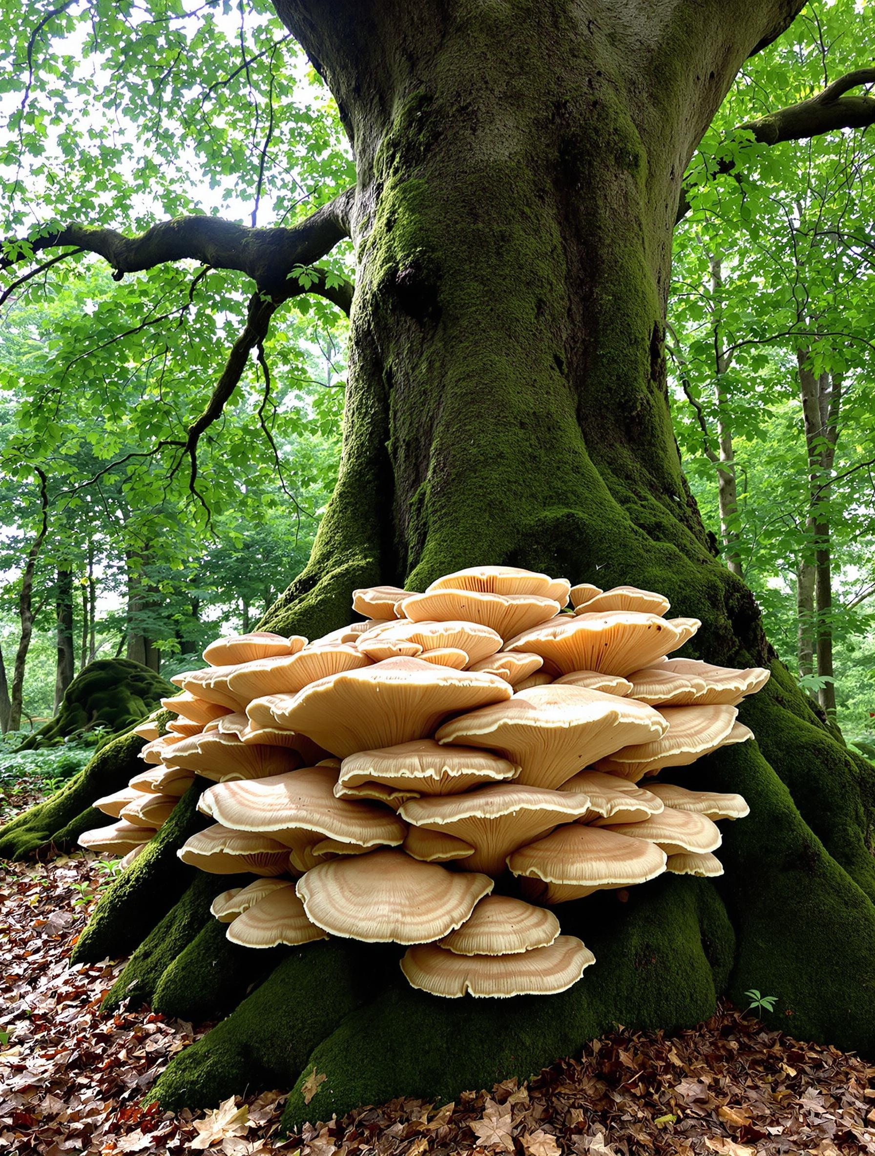 Polypore en ombelle sur une racine de vieux chêne moussu en forêt.