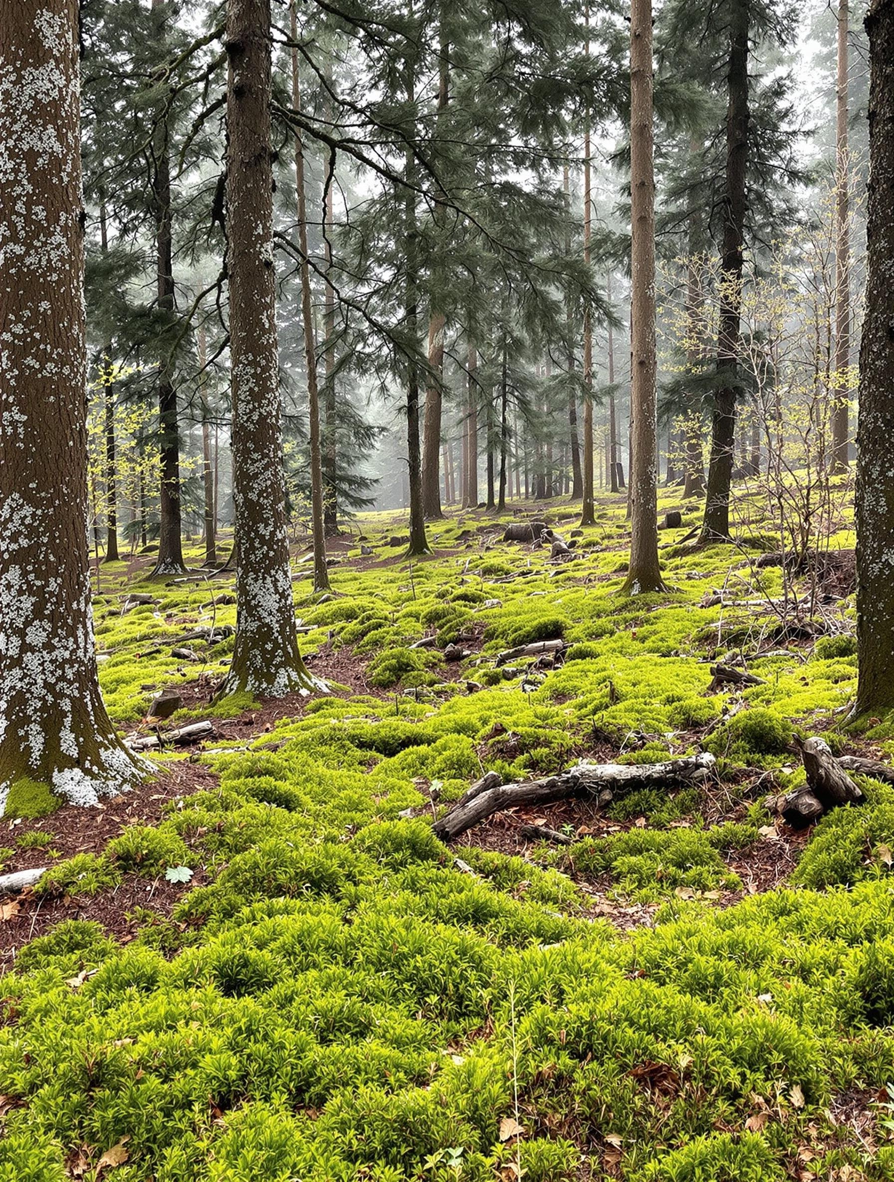 Forêt mixte de montagne avec tapis d'aiguilles et mousse, idéale pour l'Hygrophore de mars
