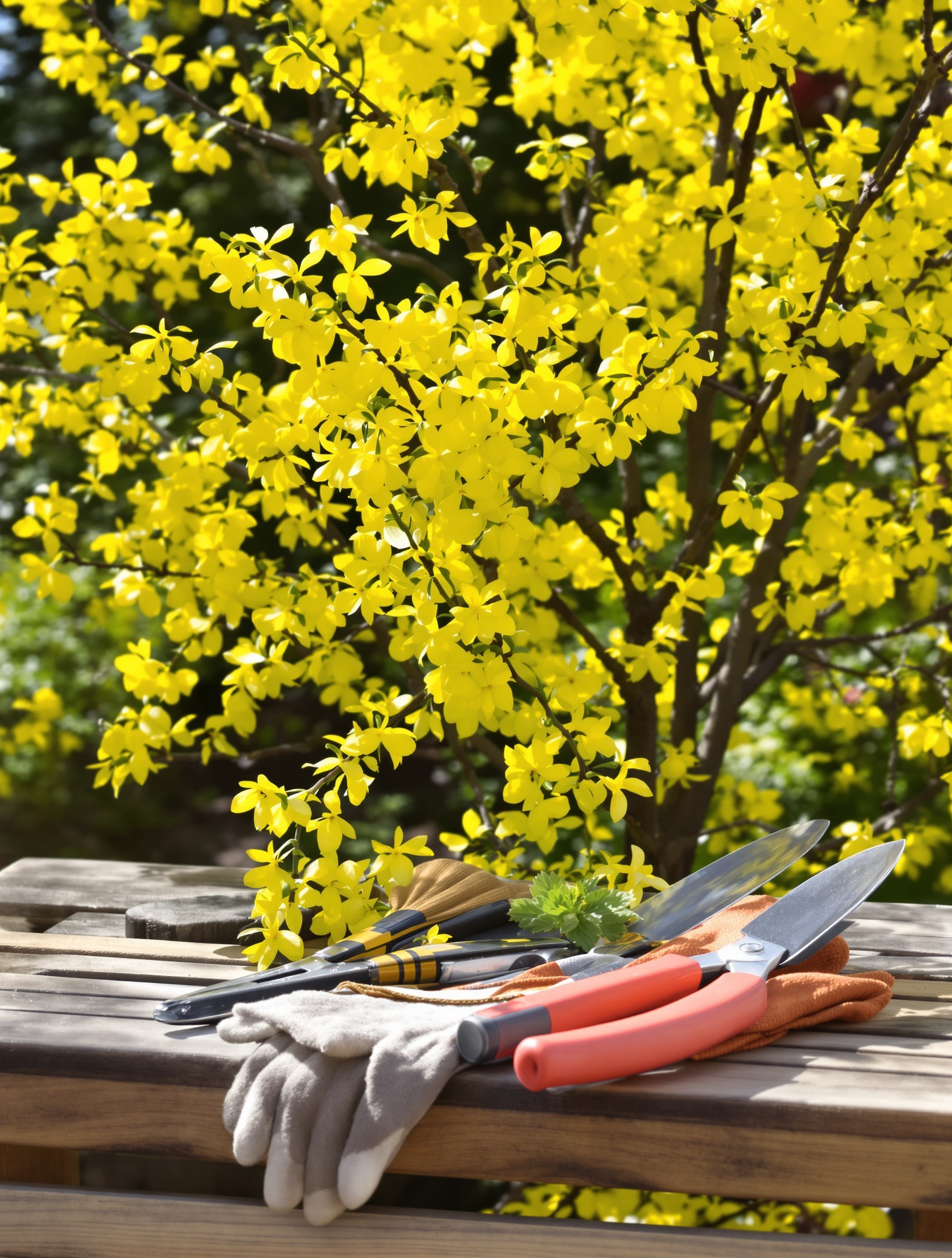 Un forsythia en pleine floraison jaune vif, signe qu'il est temps d'envisager la taille.