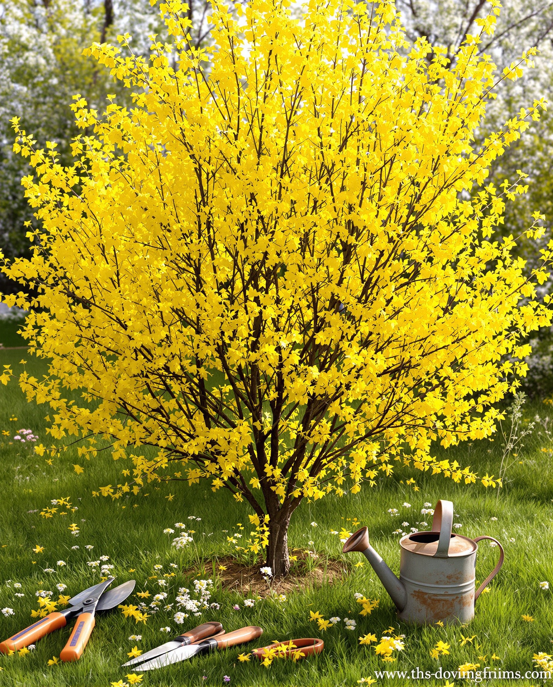 forsythia en pleine floraison, ambiance de printemps bohème, outils de jardinage posés autour