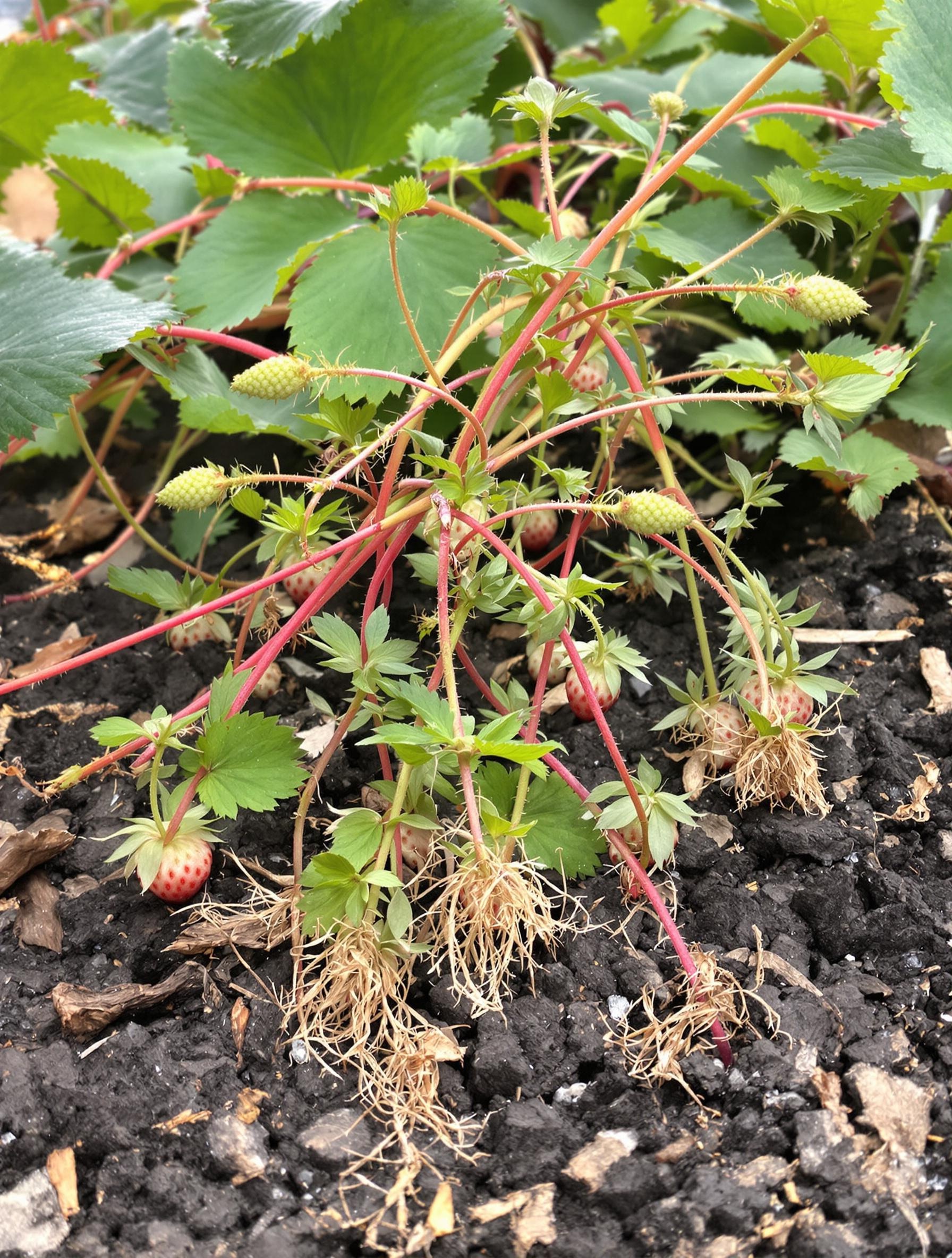 Stolons de fraisier rampant sur la terre avec de jeunes plants en formation.
