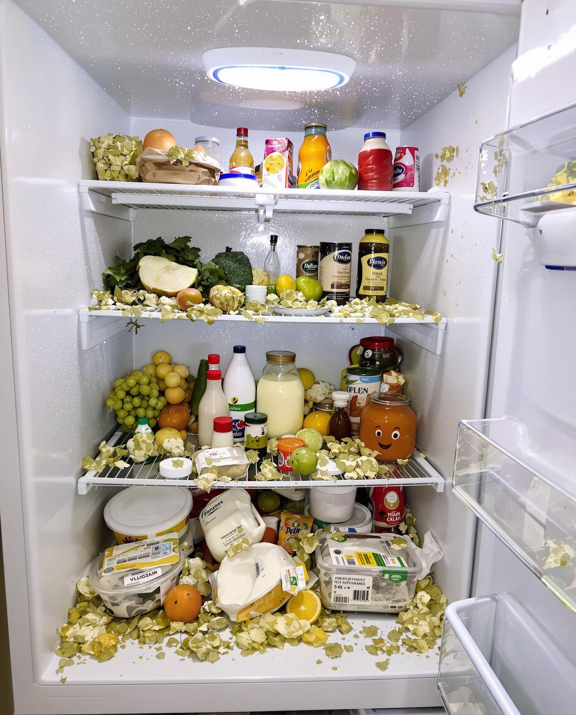 frigo ouvert avec aliments oubliés et condensation