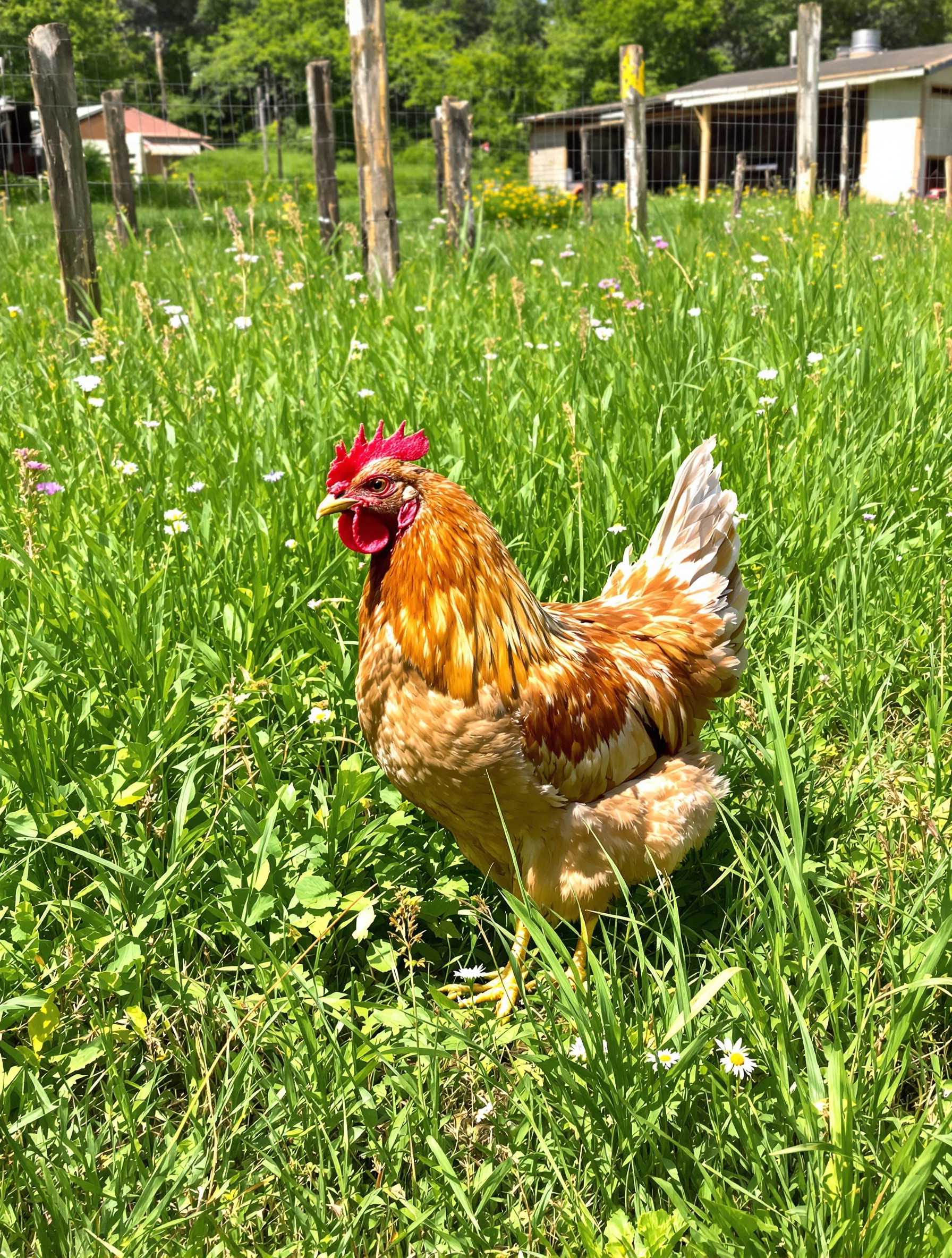 Poule Gauloise dorée cherchant sa nourriture dans grand parcours herbeux clôture haute