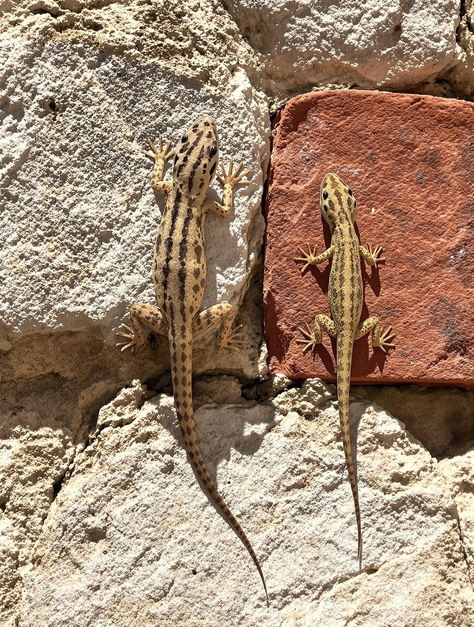Tarente de Maurétanie et lézard des murailles partageant un mur méditerranéen.