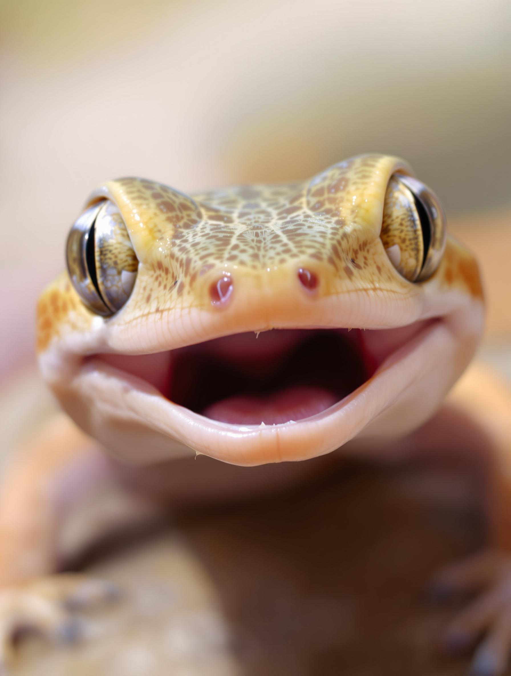 Zoom sur la tête d'un gecko montrant ses dents non tranchantes.