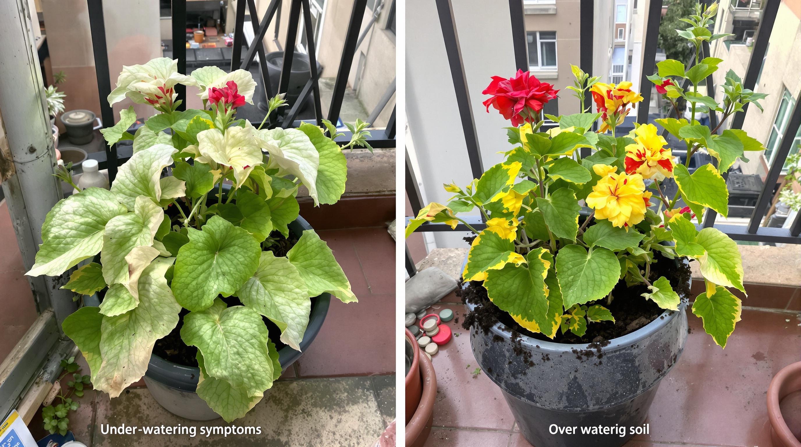 Comparatif visuel : géranium manquant d'eau (feuilles tombantes), versus excès d'eau (feuilles jaunes et tiges molles).