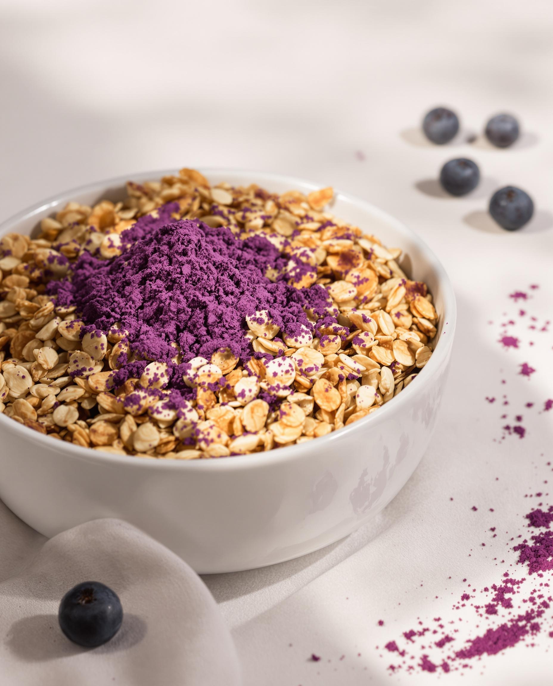 Bol de granola saupoudré de poudre violette issue des mûres déshydratées.