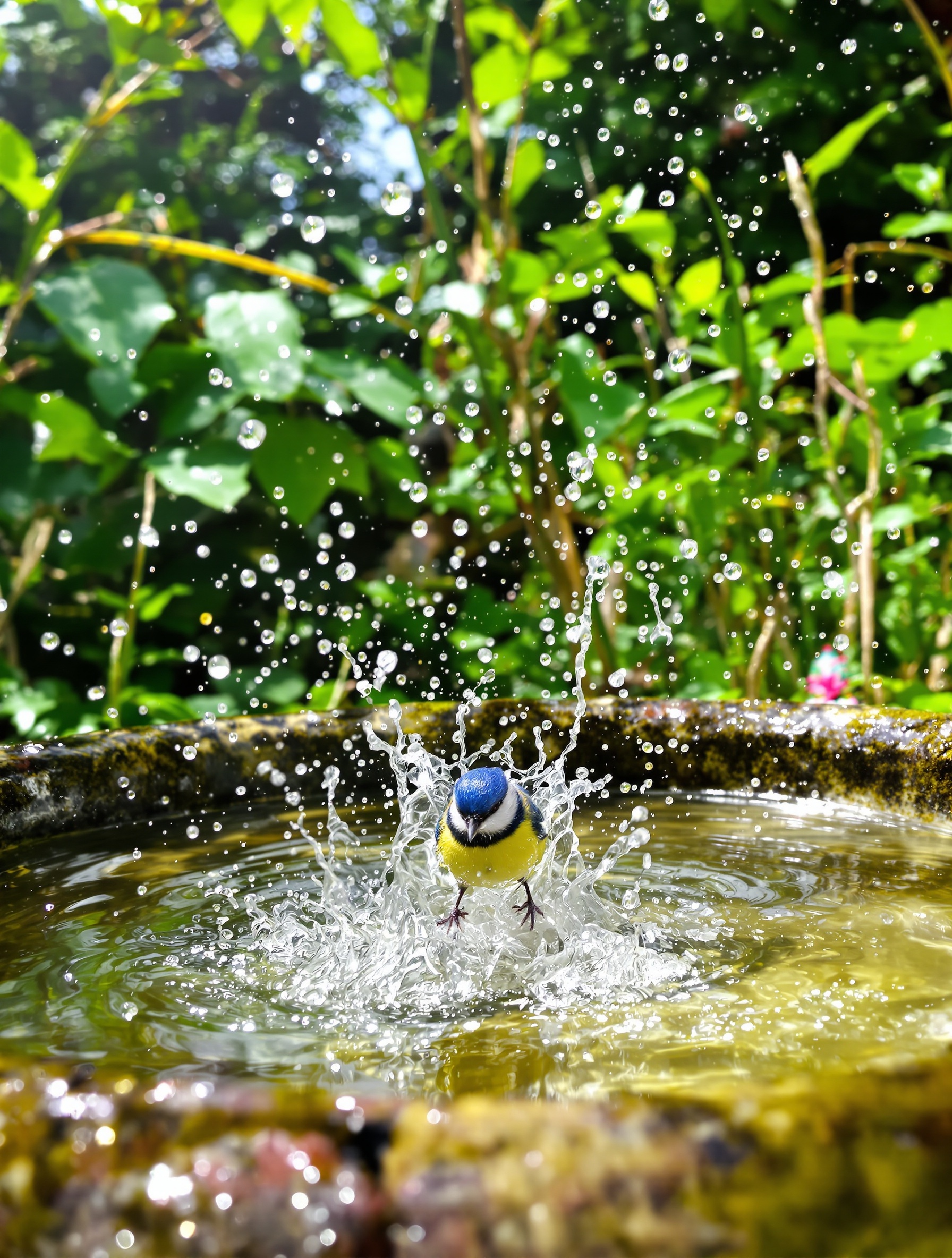 Petit abreuvoir naturel pour mésanges bleues dans le jardin.