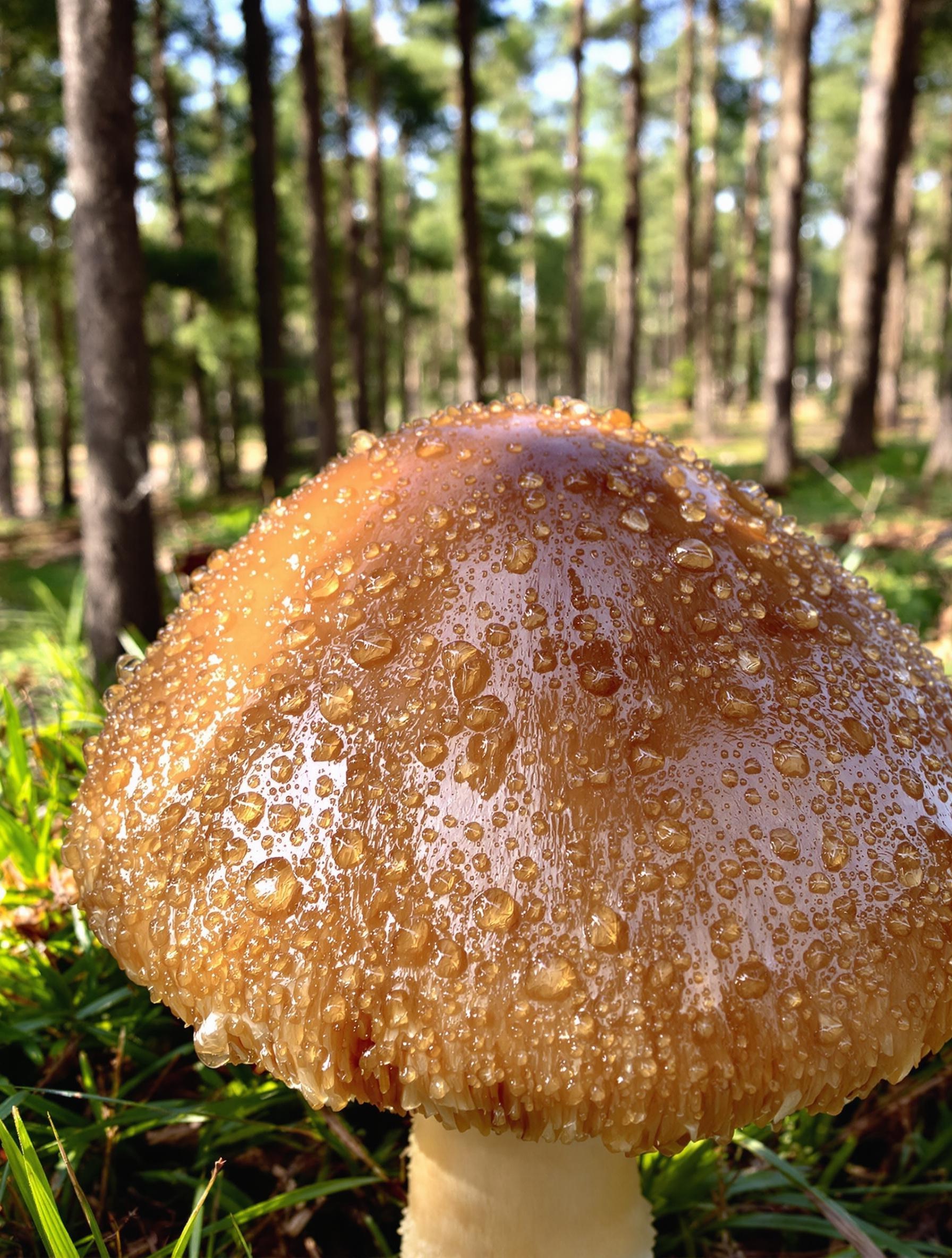 Chapeau visqueux caramel du Bolet granulé sous la rosée matinale.