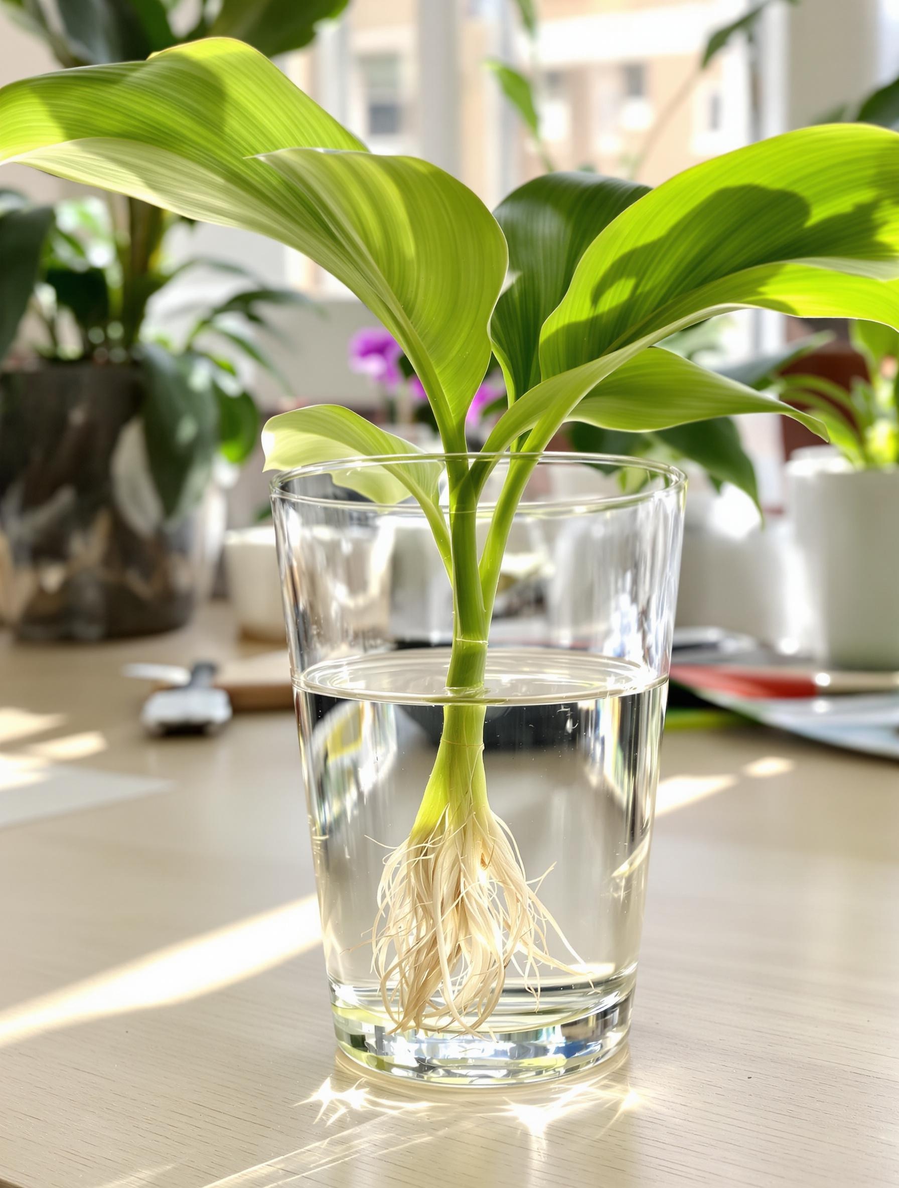 Bouture de Spathiphyllum dans verre d’eau, petites racines blanches visibles