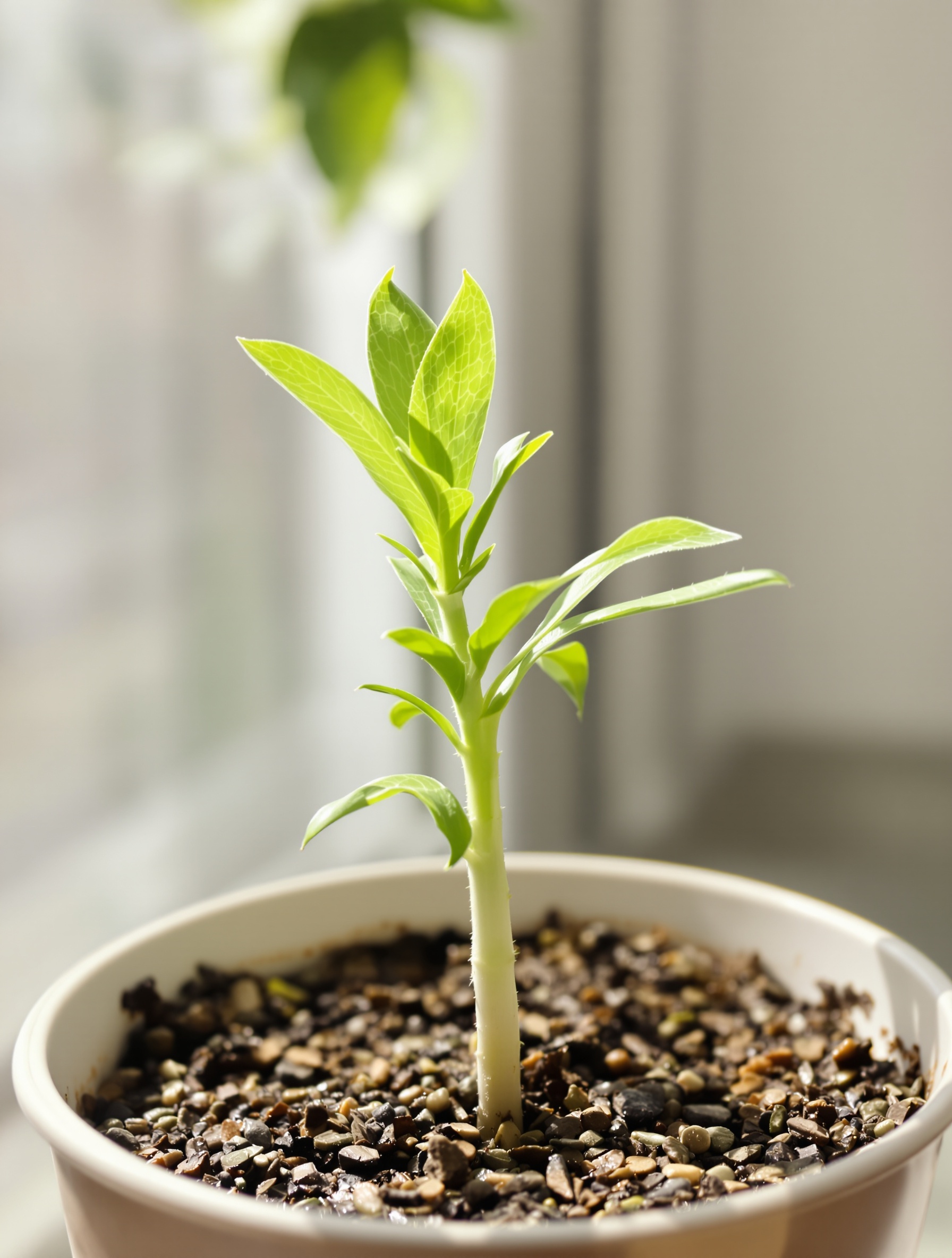 Jeune bouture de Zamioculcas nouvellement rempotée dans un petit pot avec nouvelles pousses vertes.