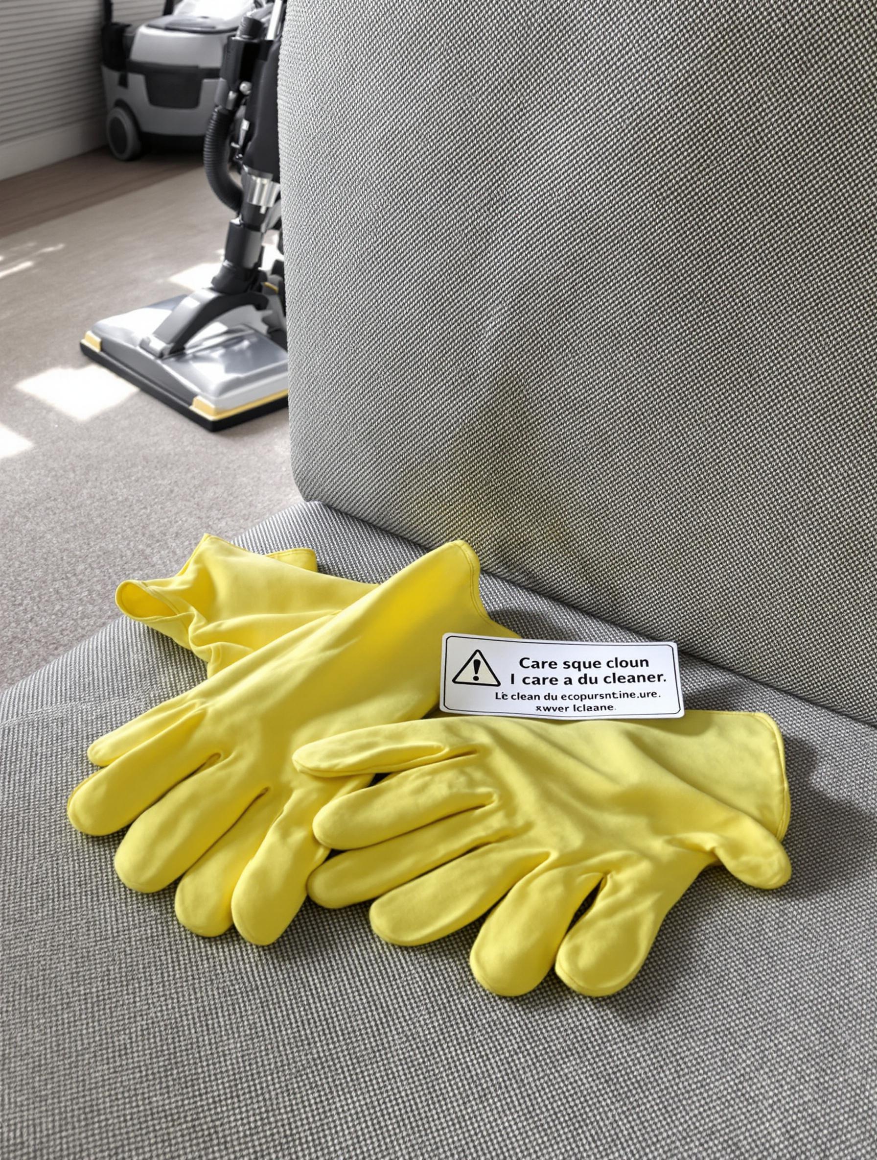 Étiquette d'entretien, gants, shampouineuse, préparation au nettoyage