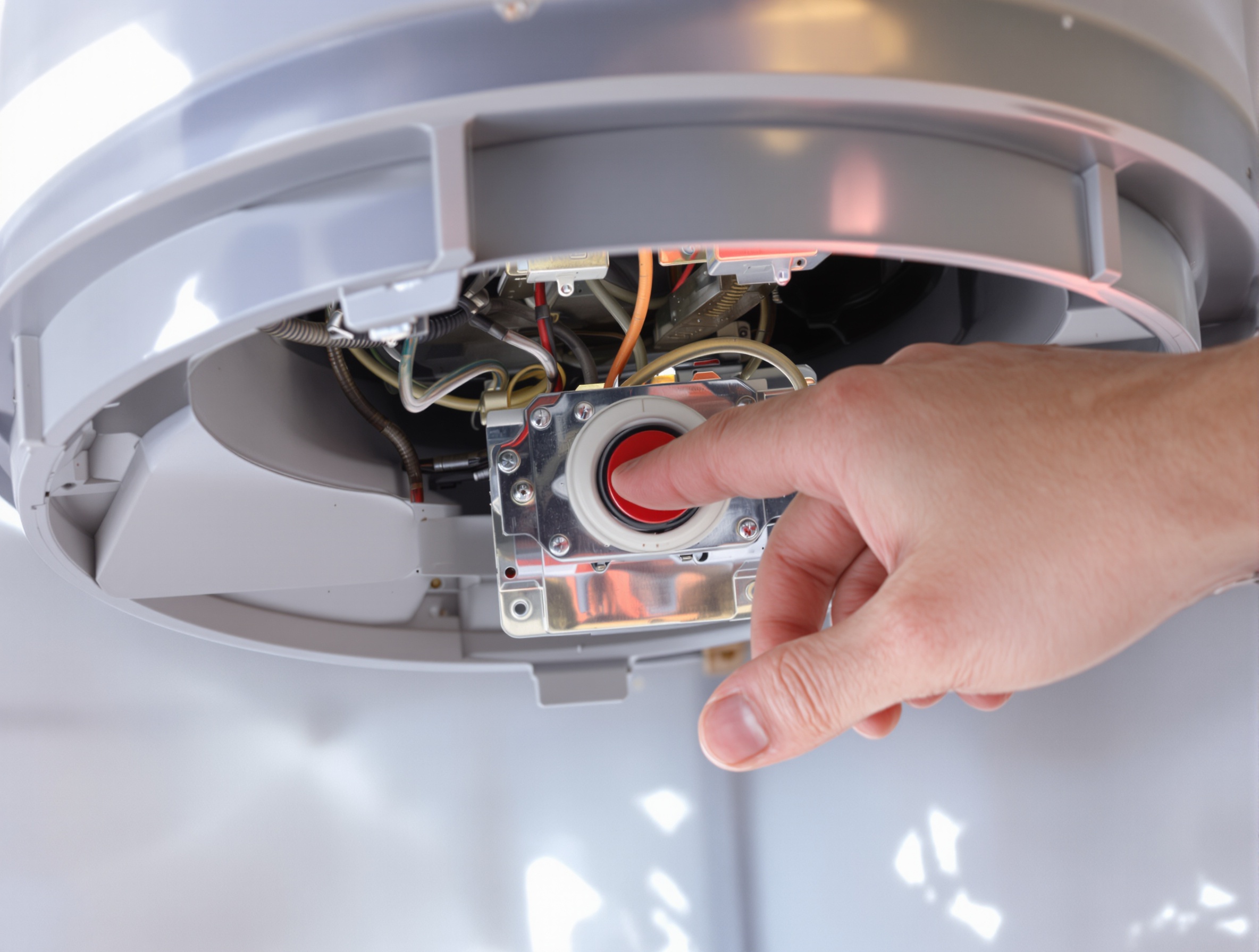 Bouton rouge sécurité chauffe-eau sous capot