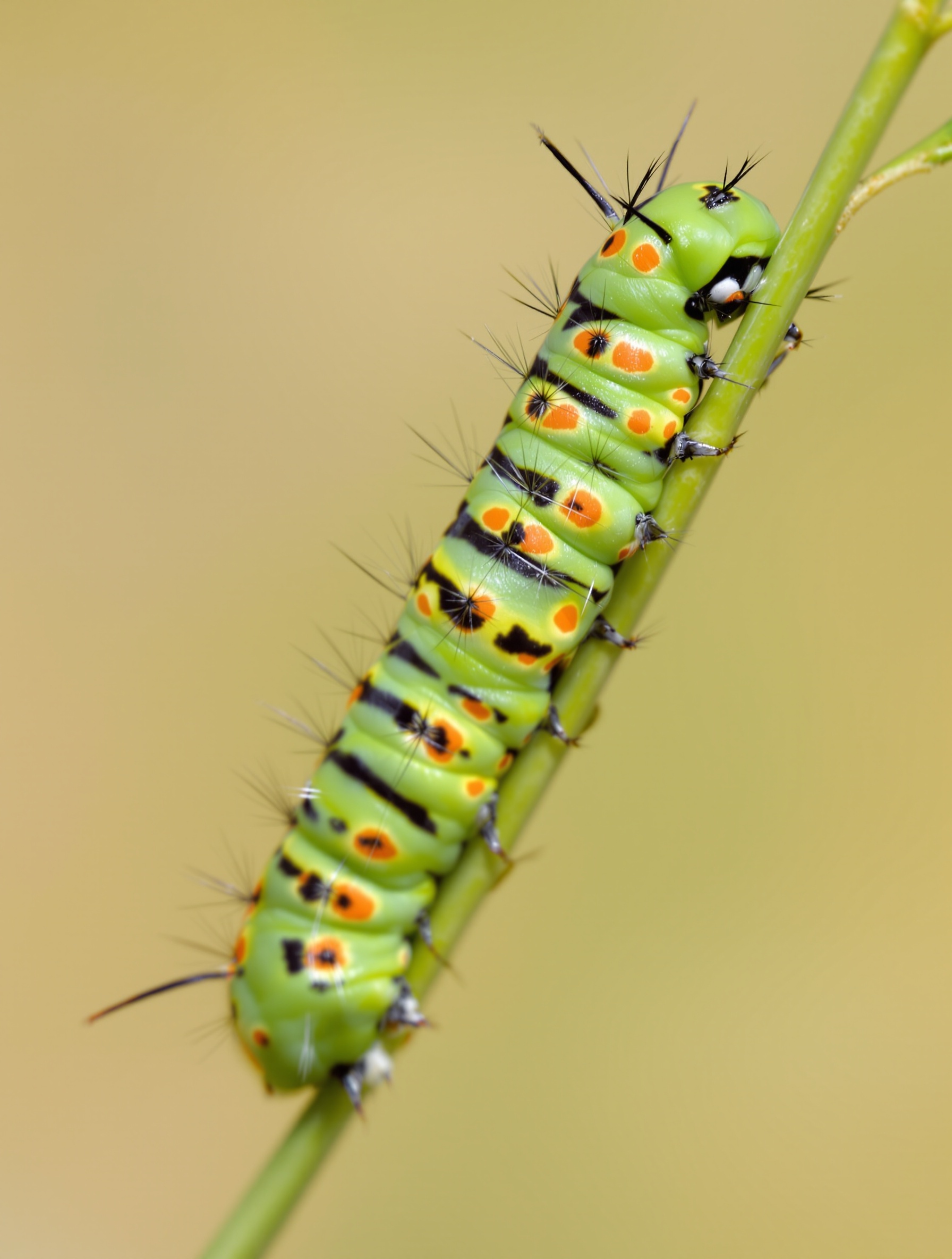 Chenille de Machaon en gros plan sur fenouil