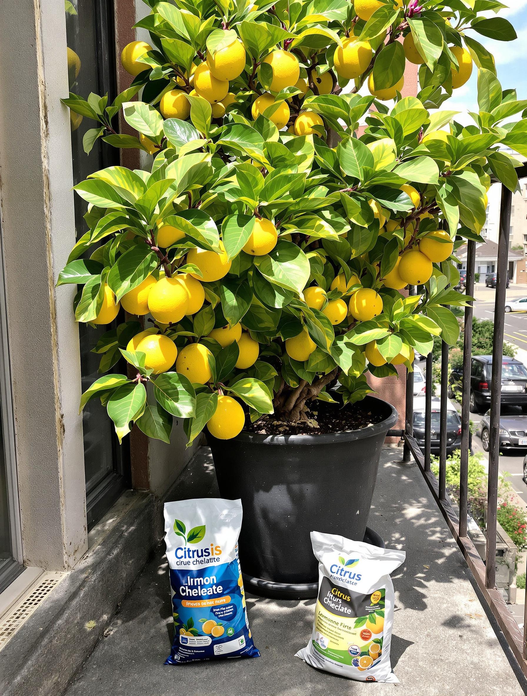 Personne tenant du chélate de fer devant un citronnier jauni sur un balcon urbain.