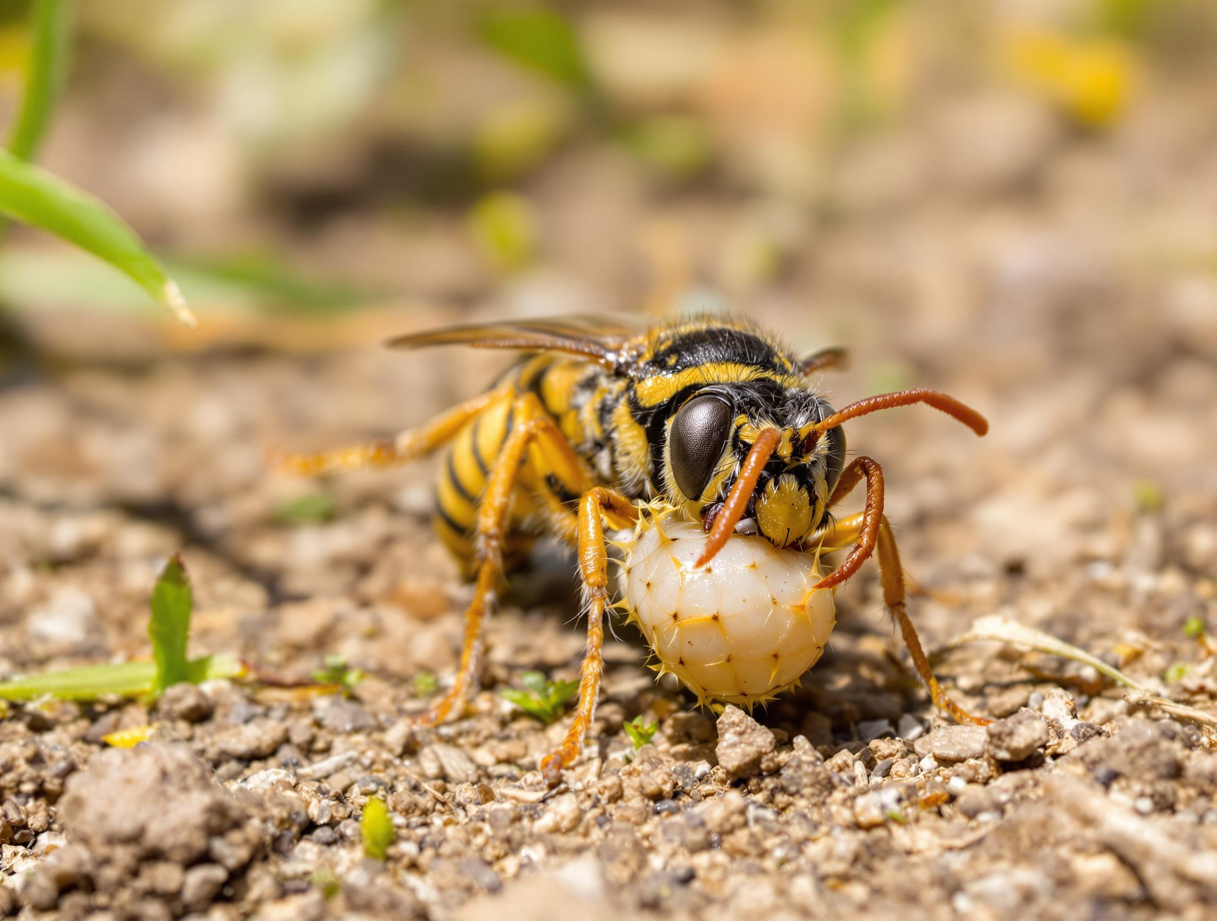 Guêpe solitaire transportant une chenille paralysée dans un jardin naturel