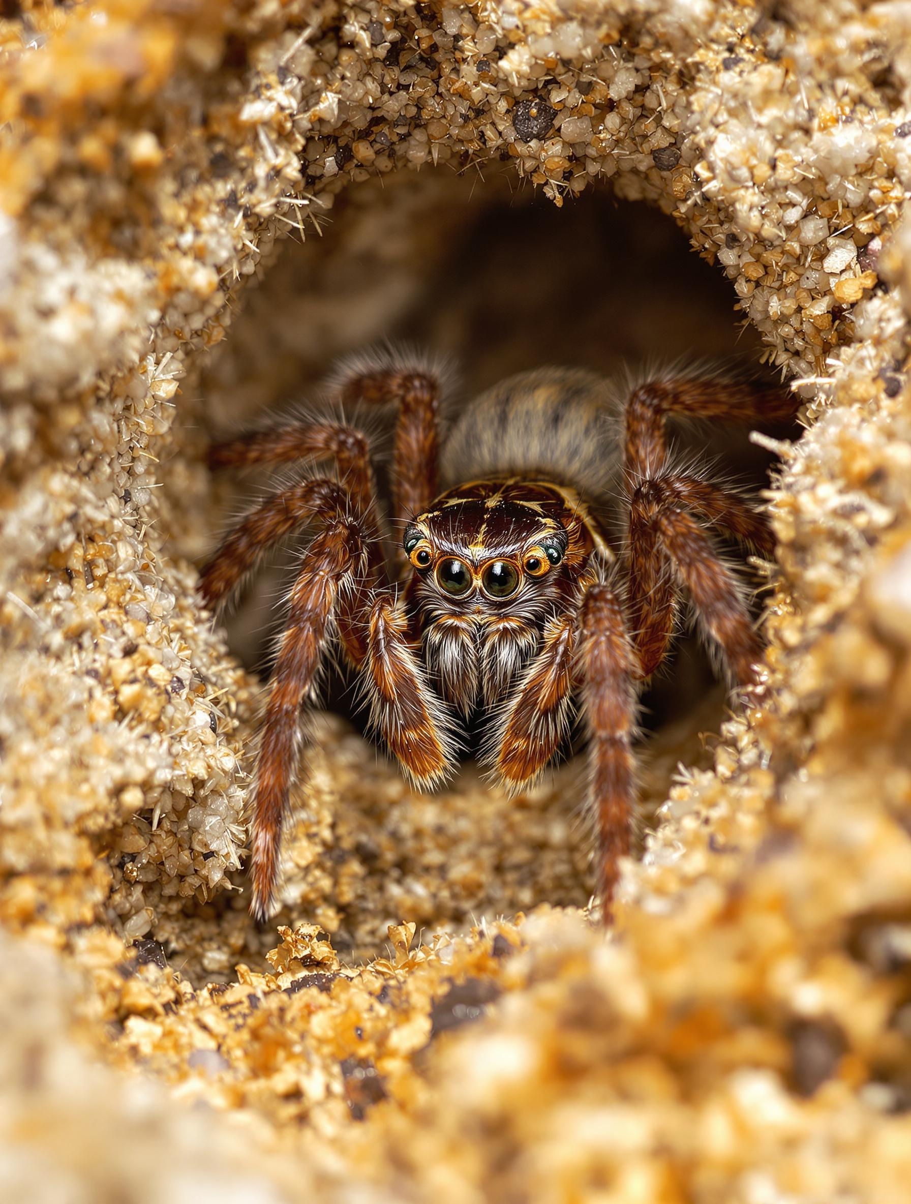 Gros plan sur une femelle Mygale de Provence montrant son céphalothorax brun acajou et ses chélicères massives, photographiée dans la garrigue de Montpellier