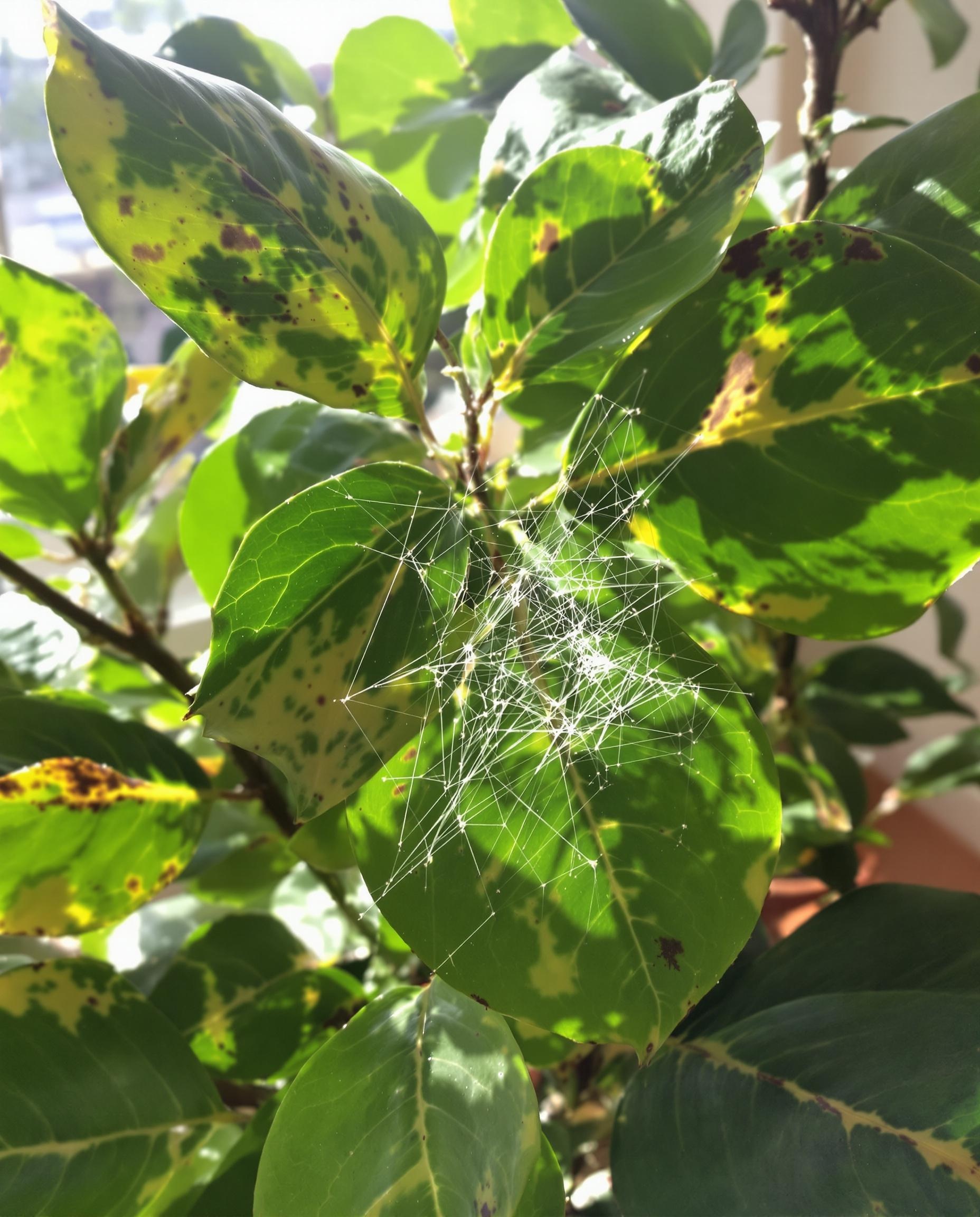 Feuilles de ficus présentant symptômes : jaune, taches brunes, miellat et toiles