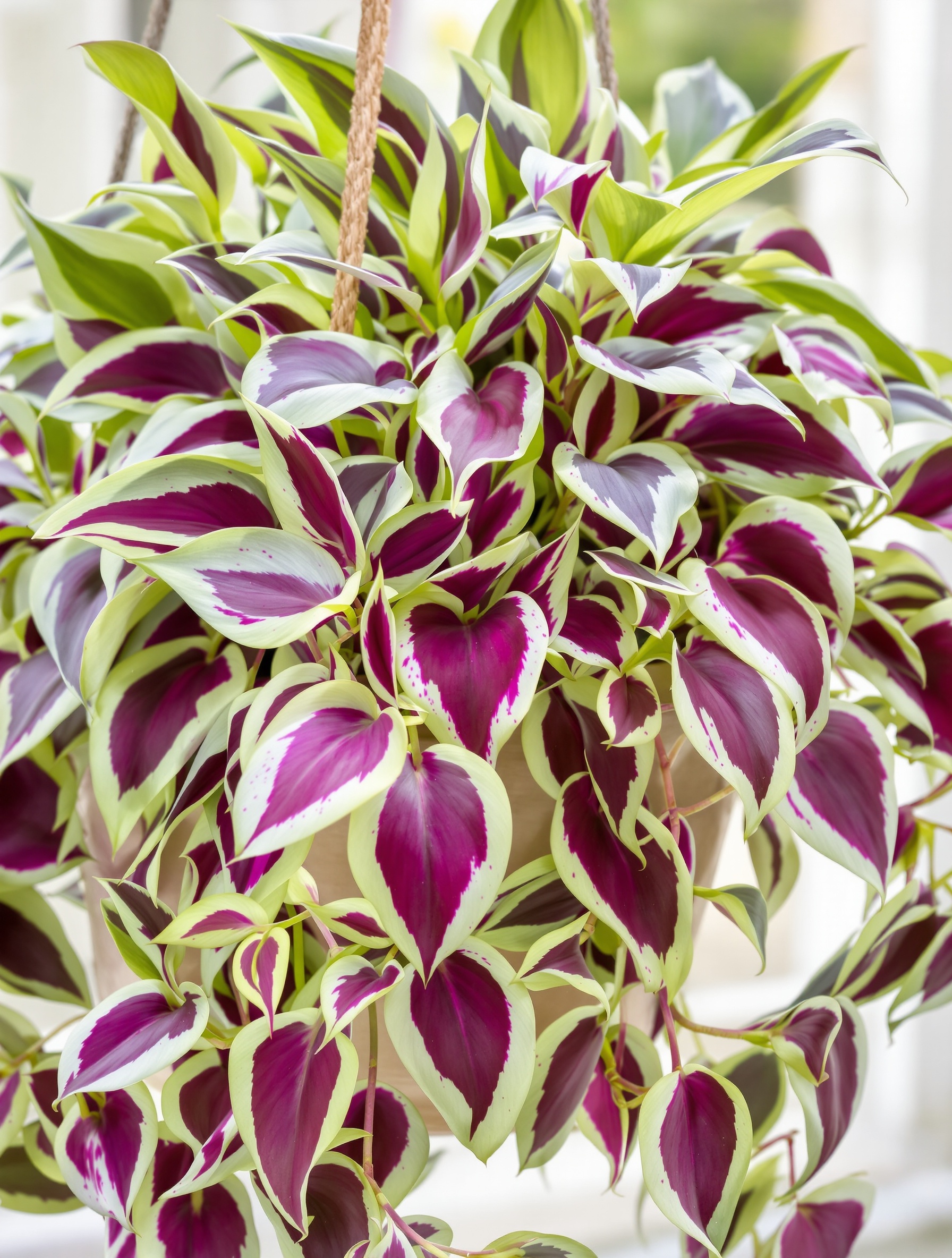 Gros plan sur les feuilles colorées et retombantes d'une plante misère dans un pot suspendu, illustrant sa facilité de culture et sa beauté décontractée.