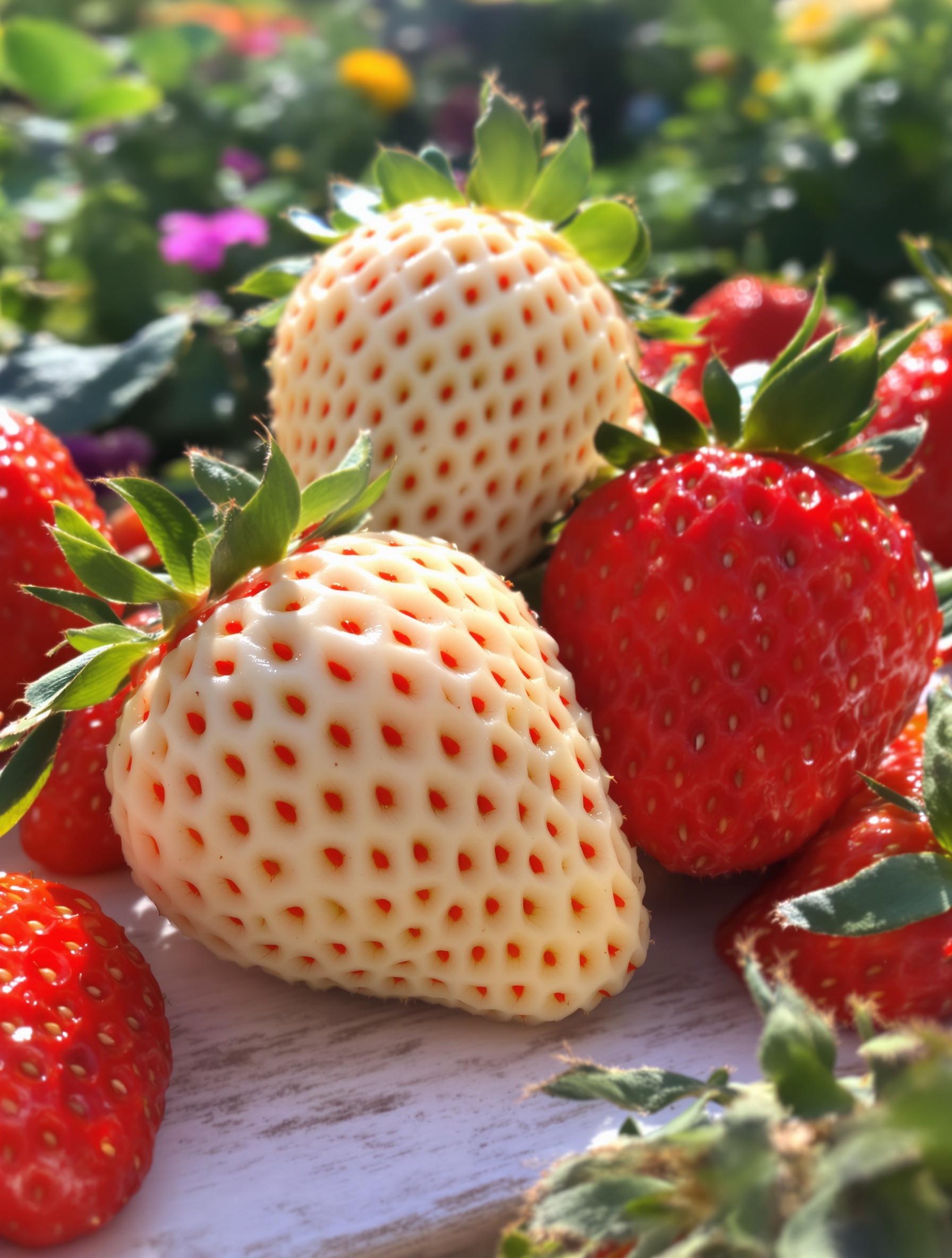 Fraises ananas Fragaria ananassa 'Anablanca' posées à côté de fraises rouges Gariguette sur fond de jardin