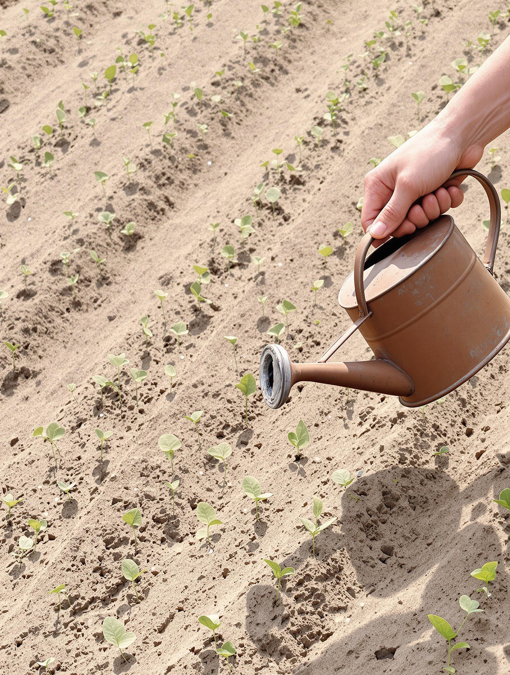 Gros plan semis Lunaire annua en sol griffé avec arrosoir vintage