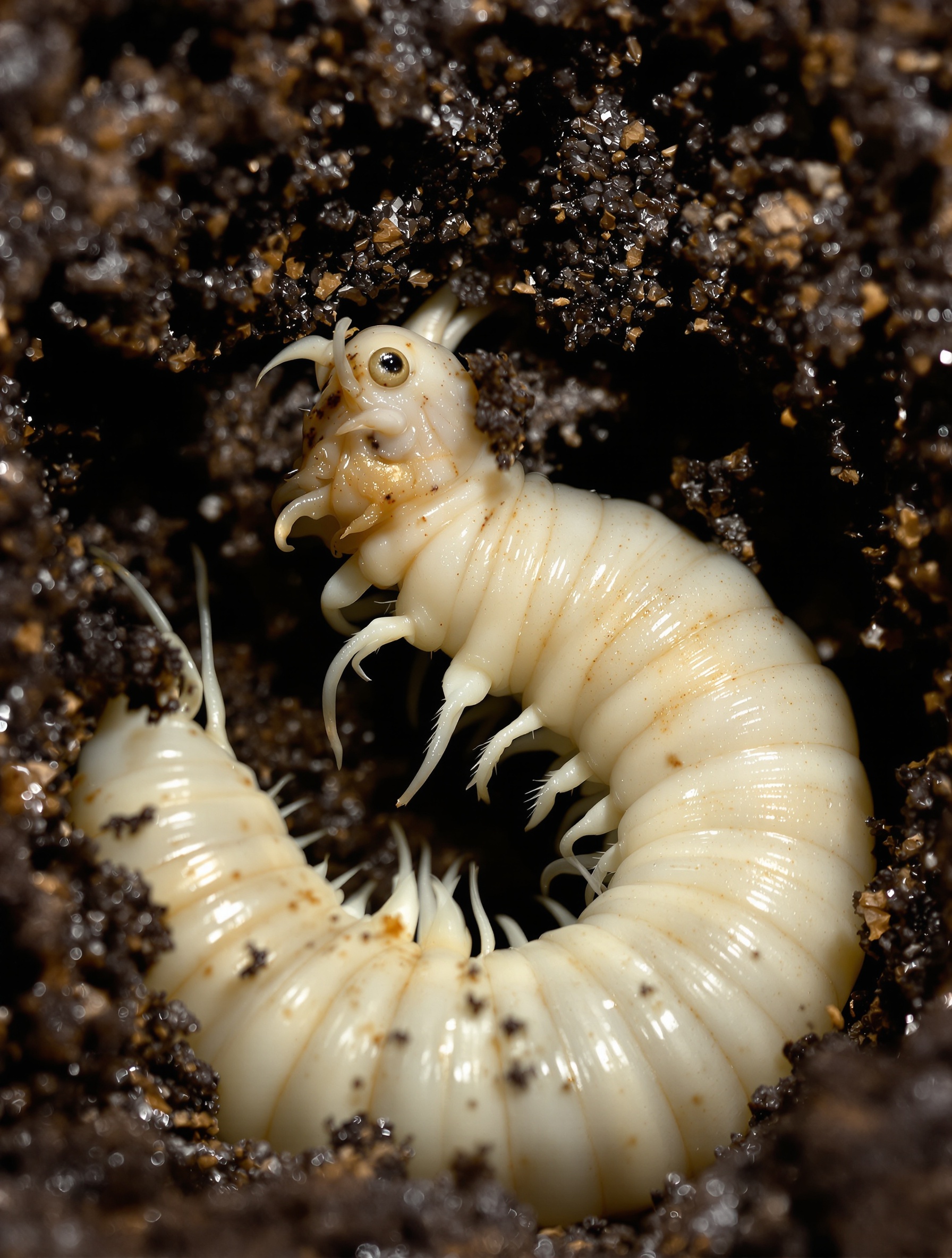 Gros plan sur une larve de hanneton (ver blanc) creusant dans la terre