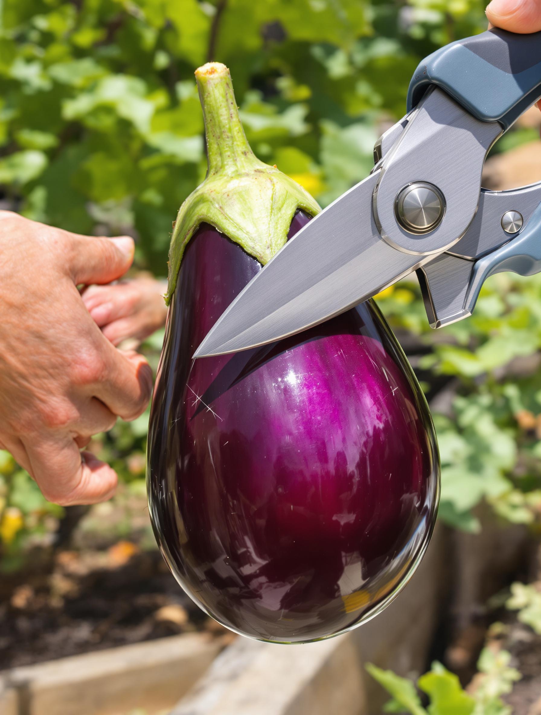 Coupe nette aubergine mûre sécateur propre récolte urbaine