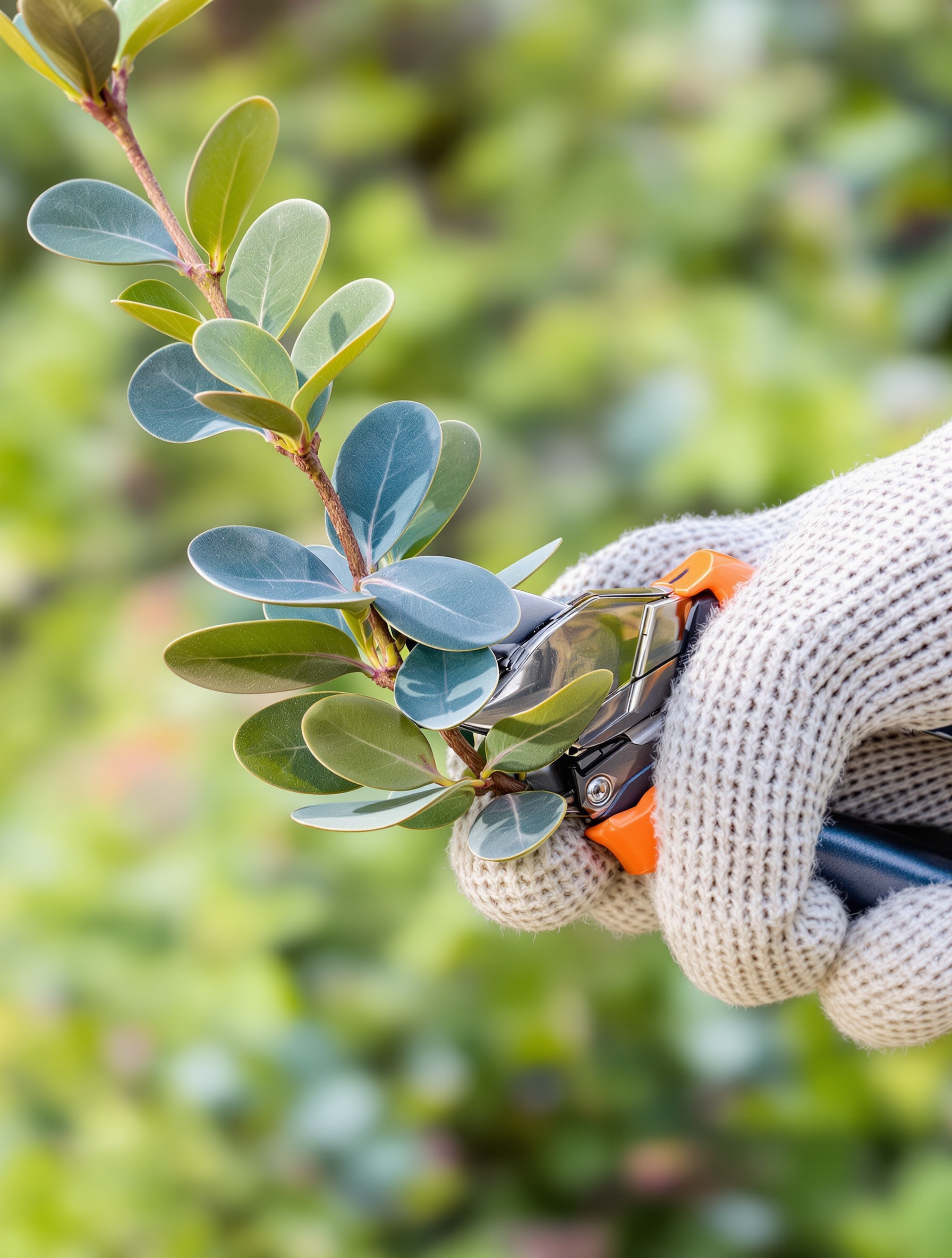 Main gantée coupant une branche semi-aoûtée d'Eucalyptus gunnii