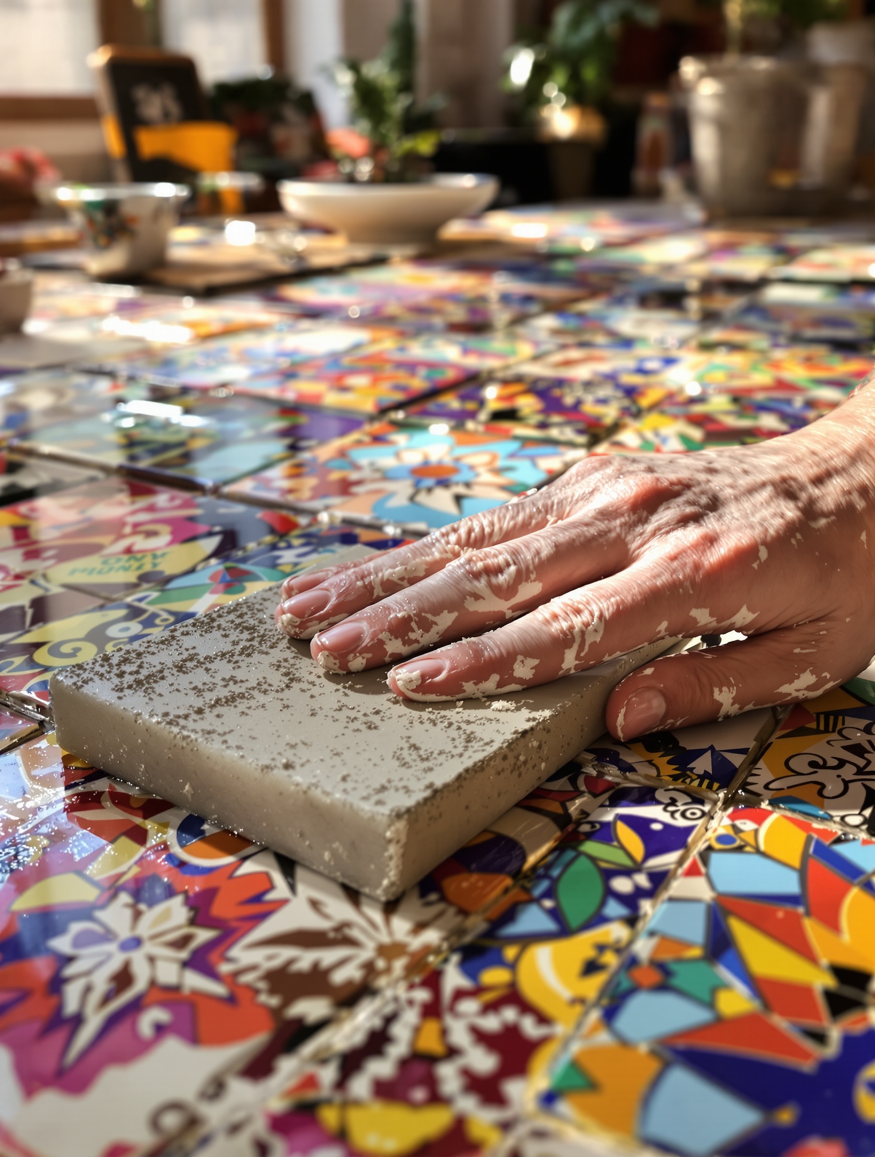 gros plan main appliquant mortier joint carrelage bohème