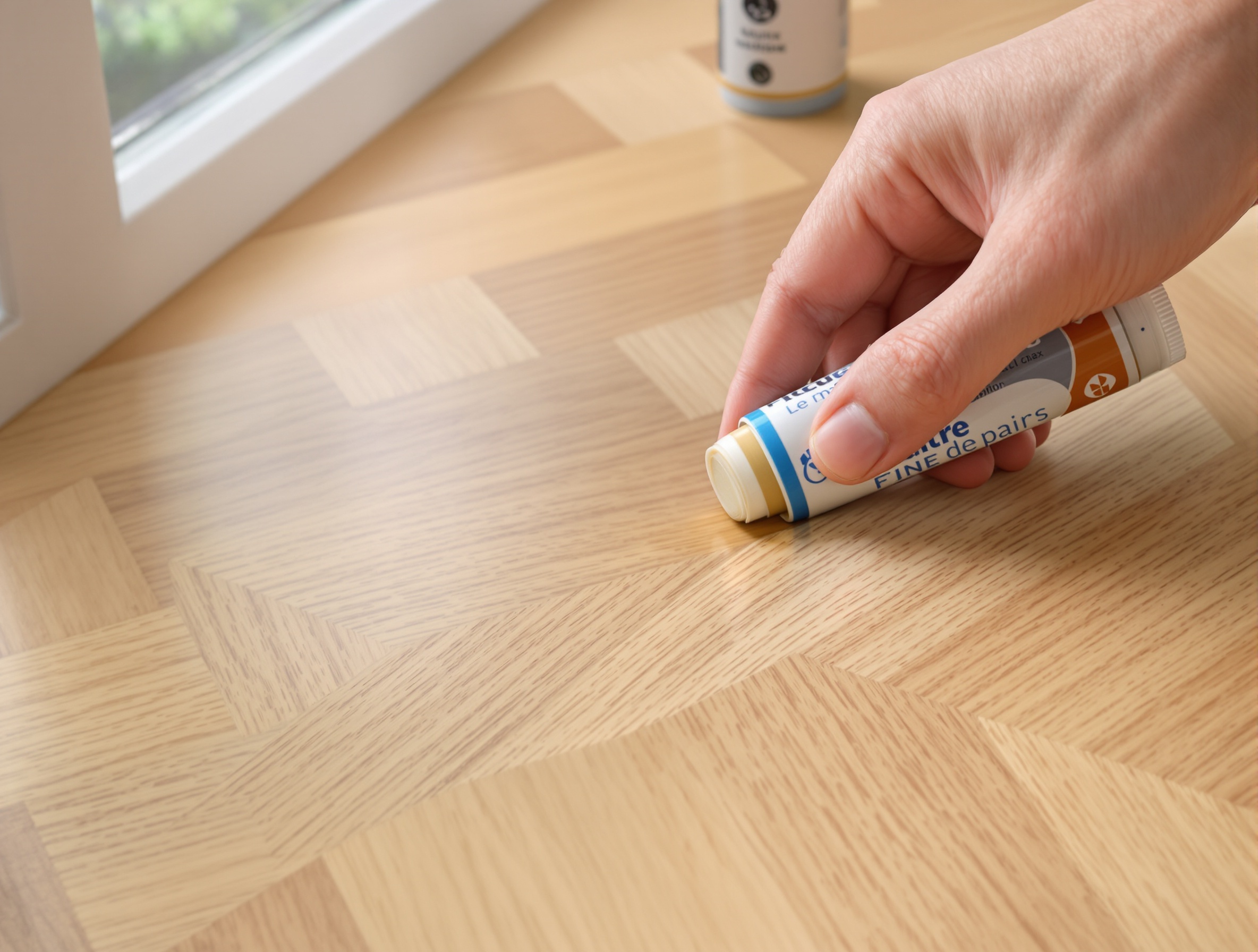 Retouche rayure parquet cuisine avec stick réparation