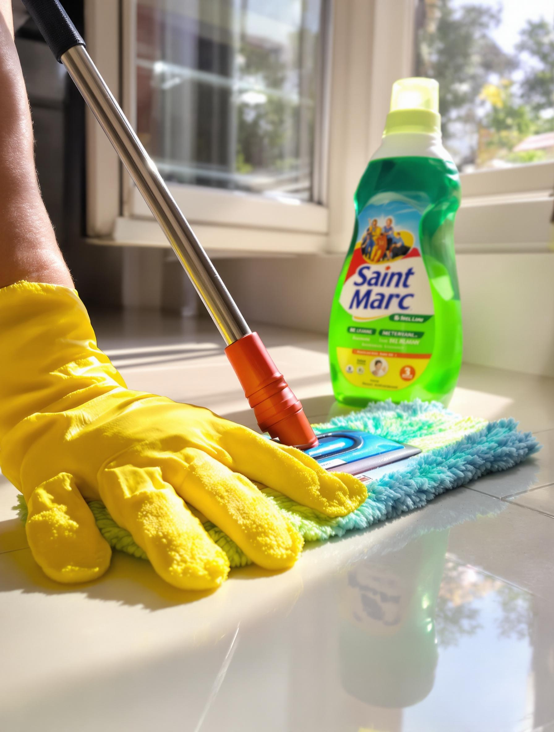Mains gantées nettoyant du carrelage avec lessive Saint Marc, fenêtre ouverte.