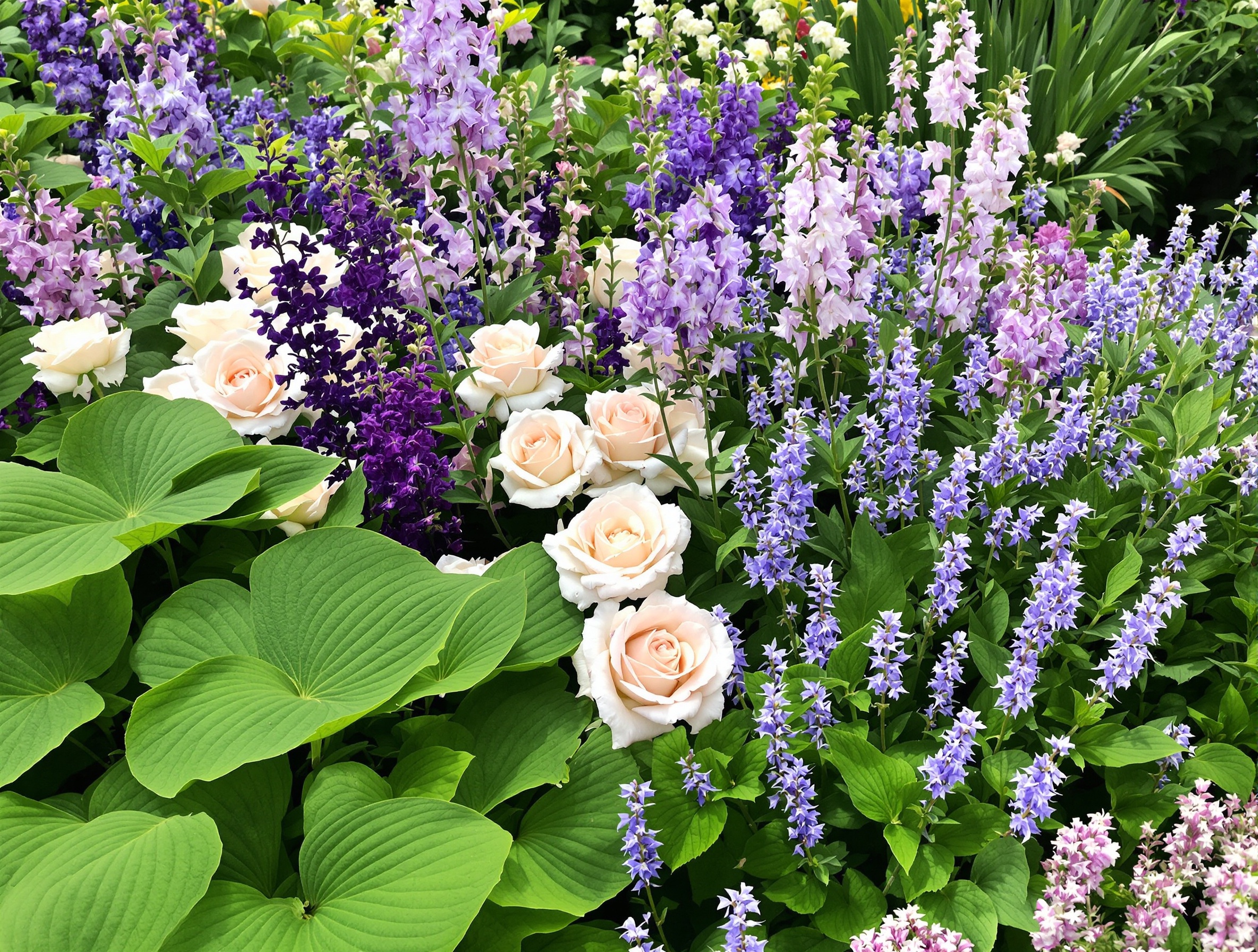 Un vrai mixed-border anglais dense : delphiniums violets, roses anciennes pâles, lavandes parfumées et feuillage luxuriant de hosta.