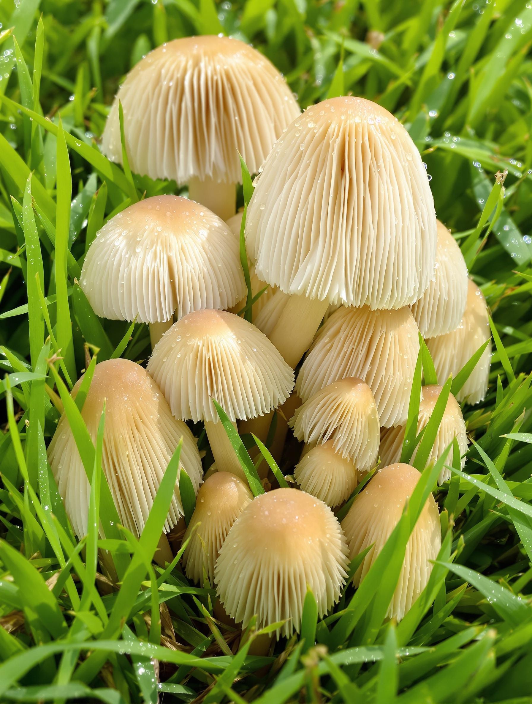 Gros plan sur un groupe de mousserons (Calocybe gambosa) dans une pelouse fraichement tondue, lames bien visibles, rosée matinale scintillante