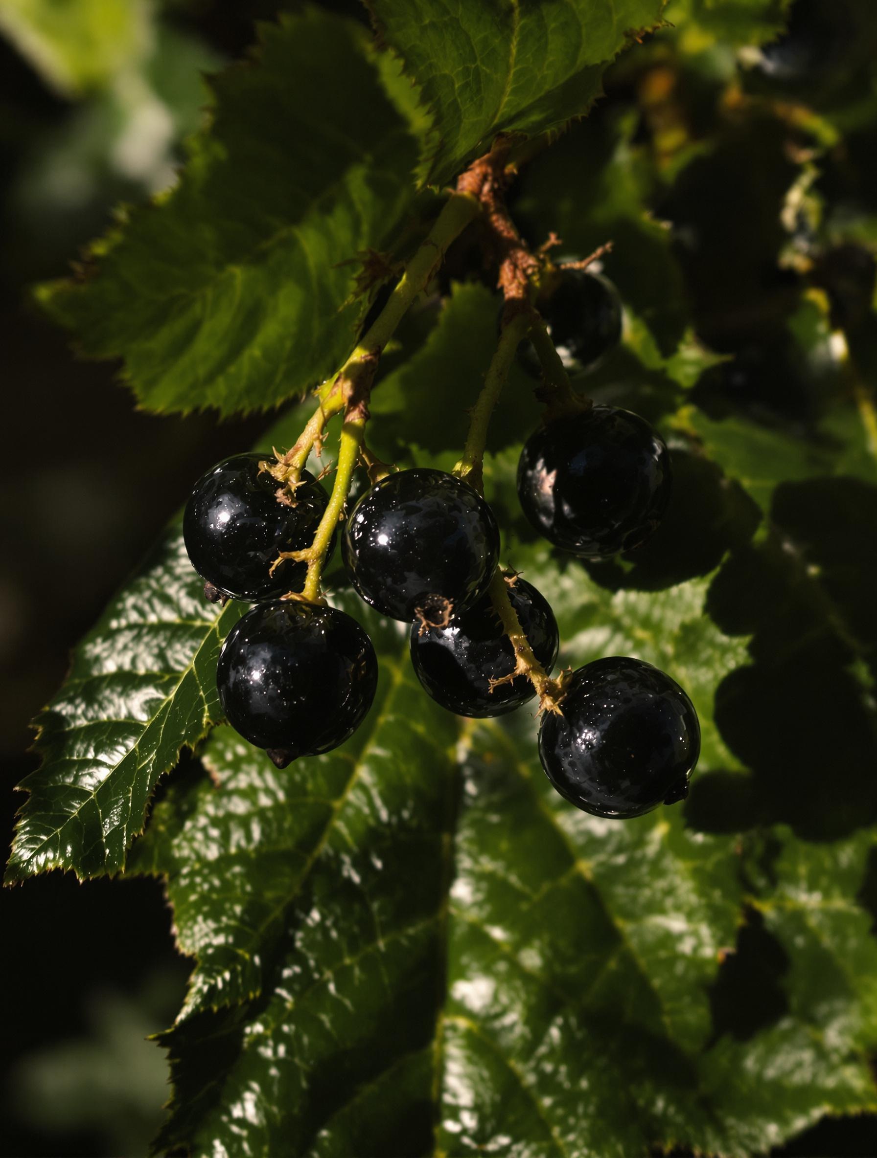 Gros plan sur des mûres de platane bien noires, avec une feuille découpée en arrière-plan et une lumière douce de fin d’après-midi.