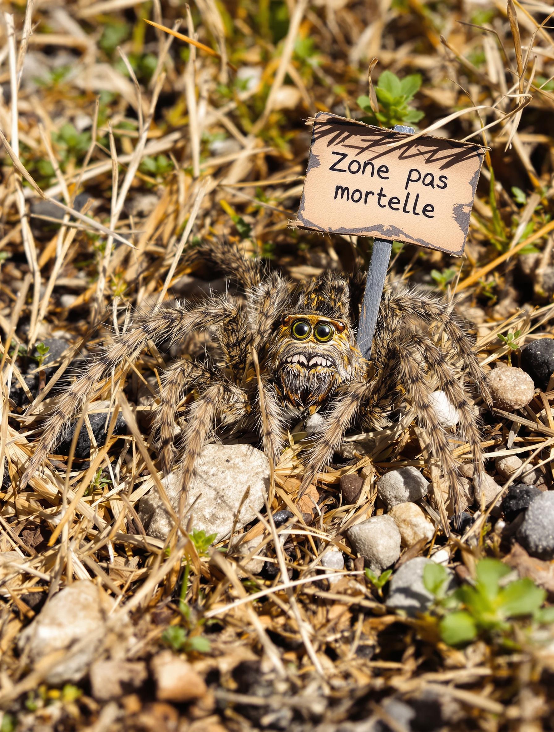 Mygale de Provence posant dans le maquis avec un panneau indiquant Zone pas mortelle