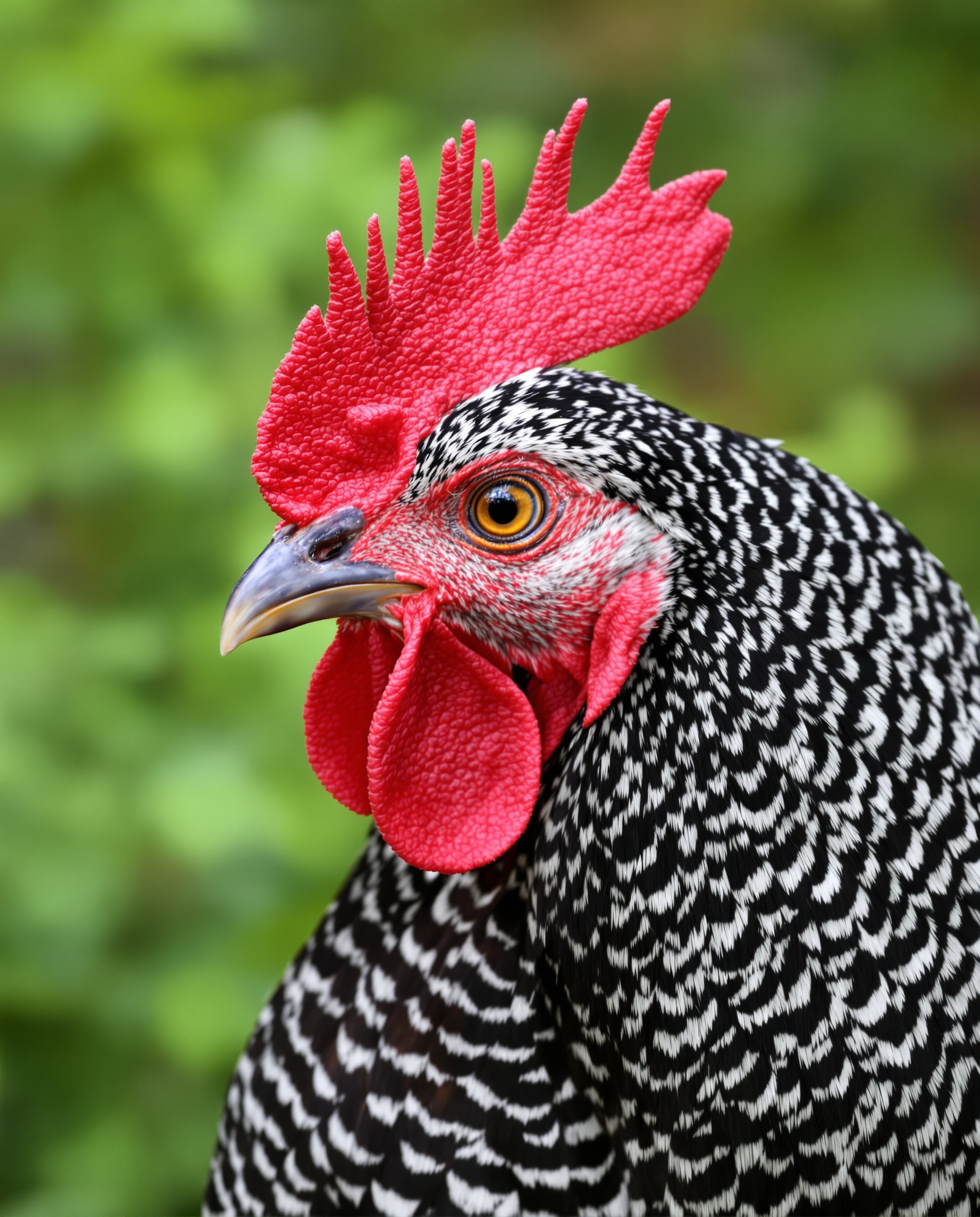 Gros plan Wyandotte argentée à liseré noir dans un jardin verdoyant
