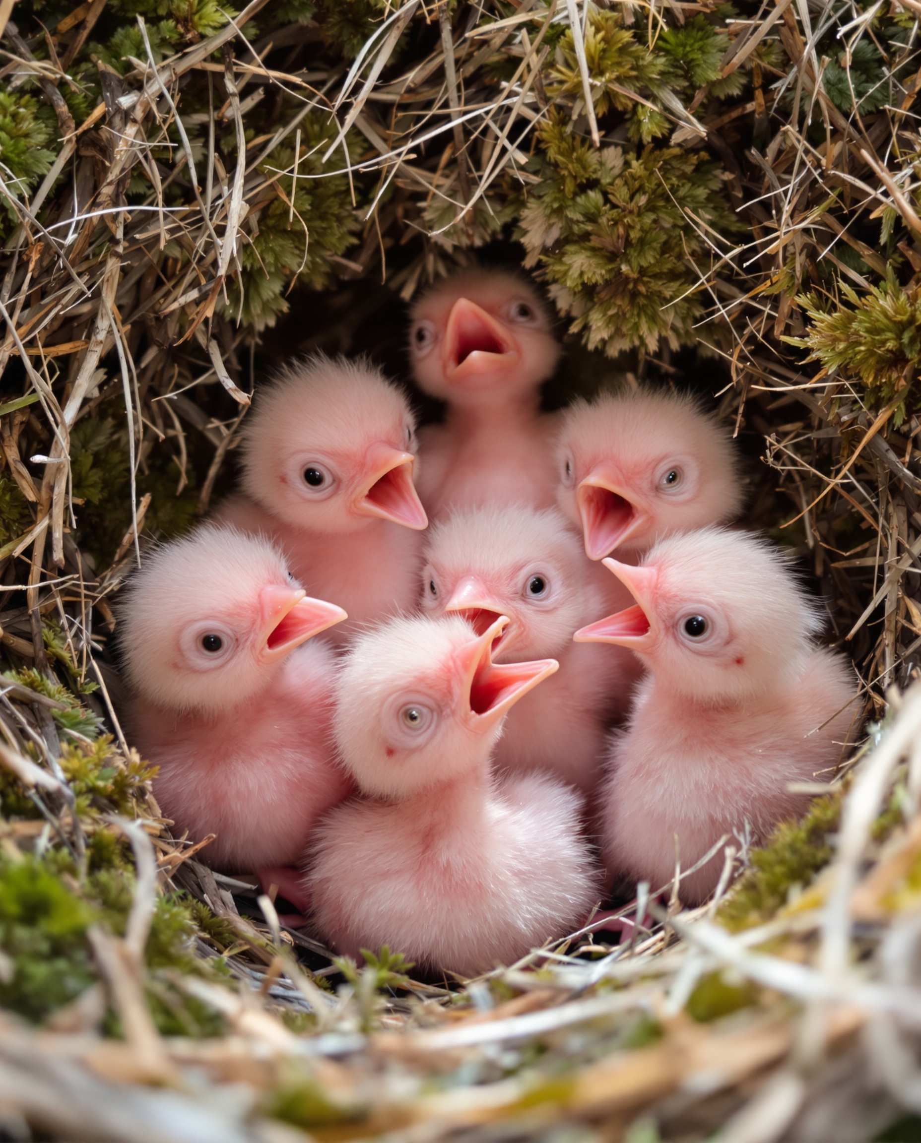 Gros plan dans un nid naturel : poussins mésanges venant d’éclore, nus et aveugles.