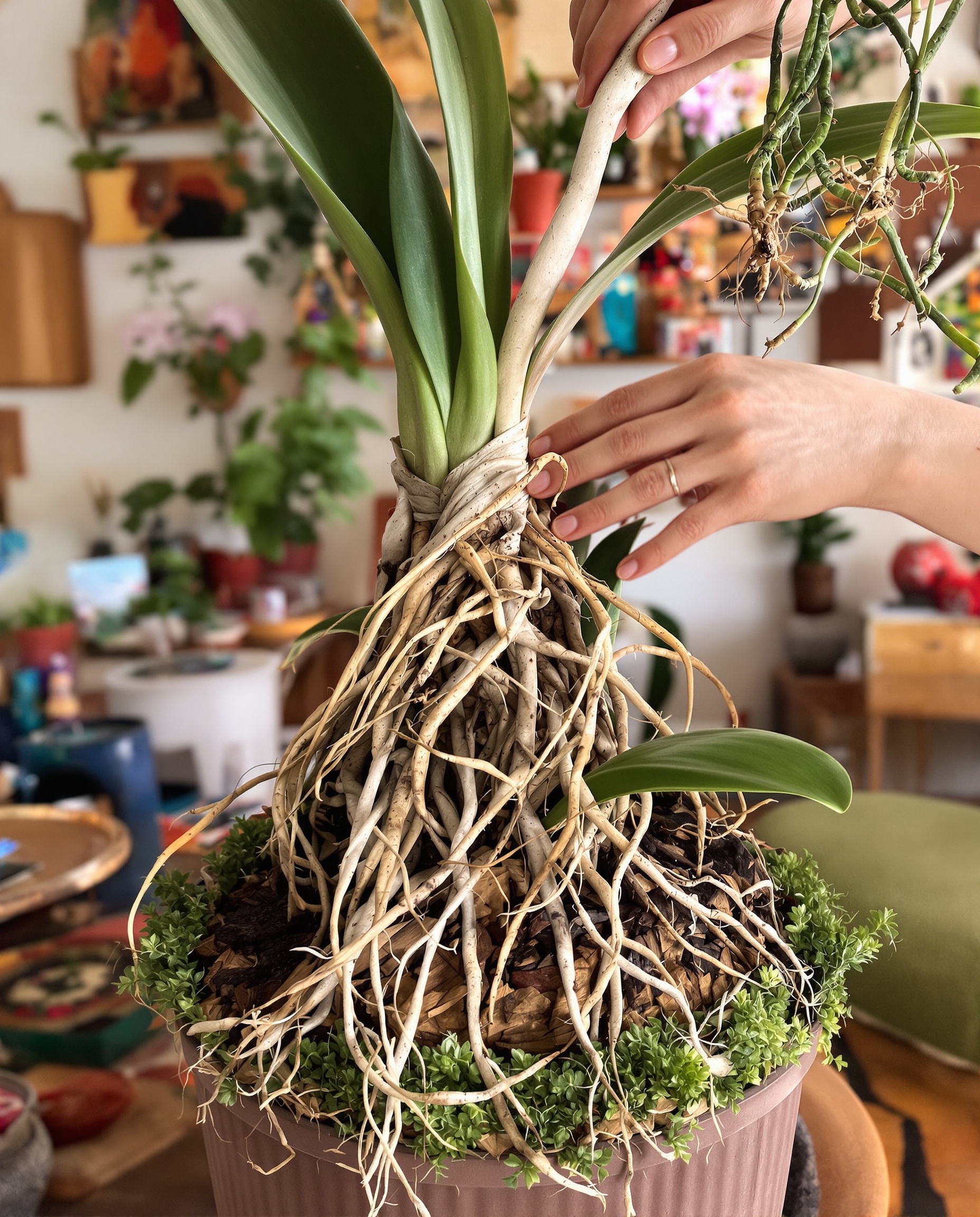 Rempotage d'une orchidée Phalaenopsis avec racines aériennes et substrat d'écorces