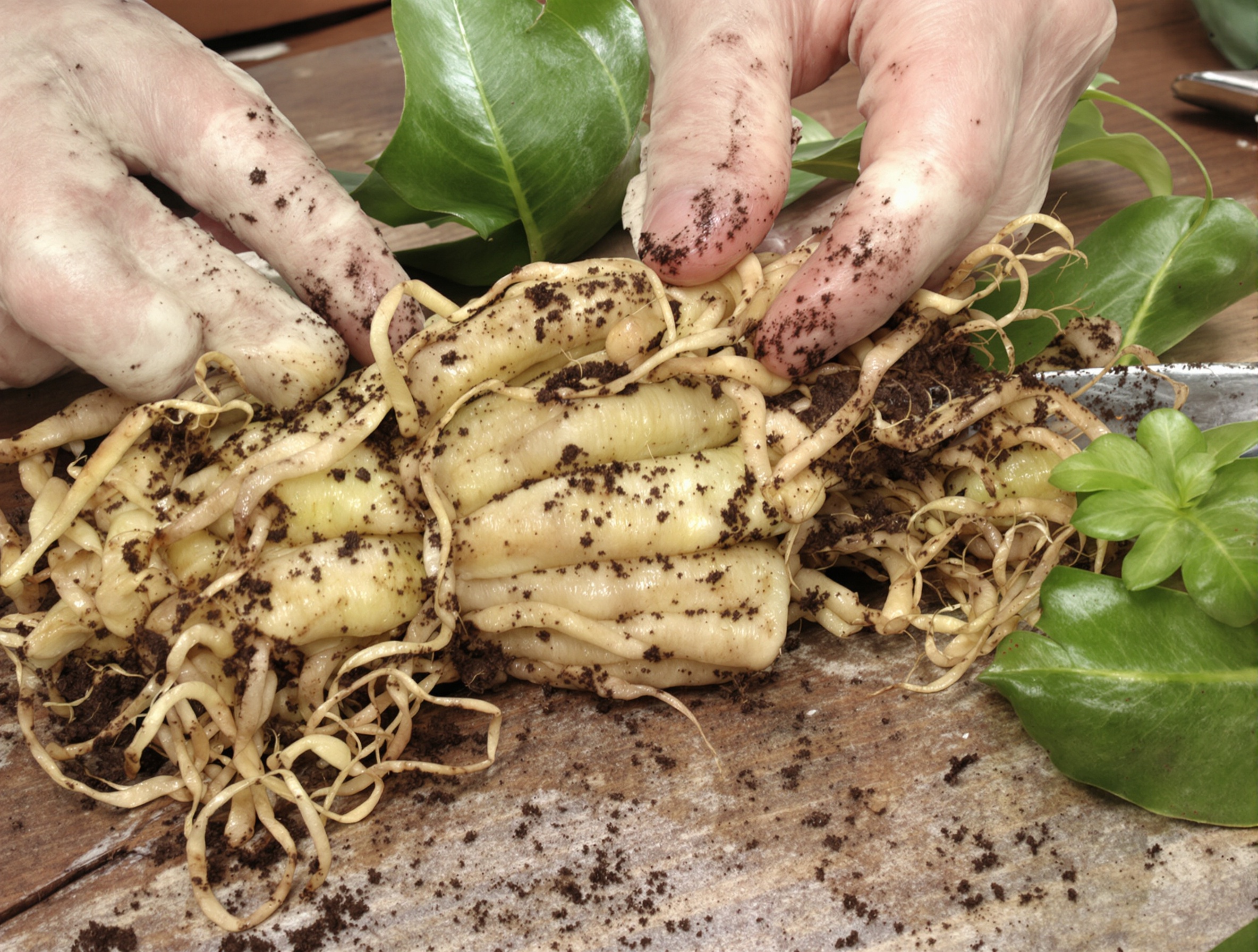 Image des rhizomes charnus d'un Zamioculcas exposés lors d'une division de touffe.