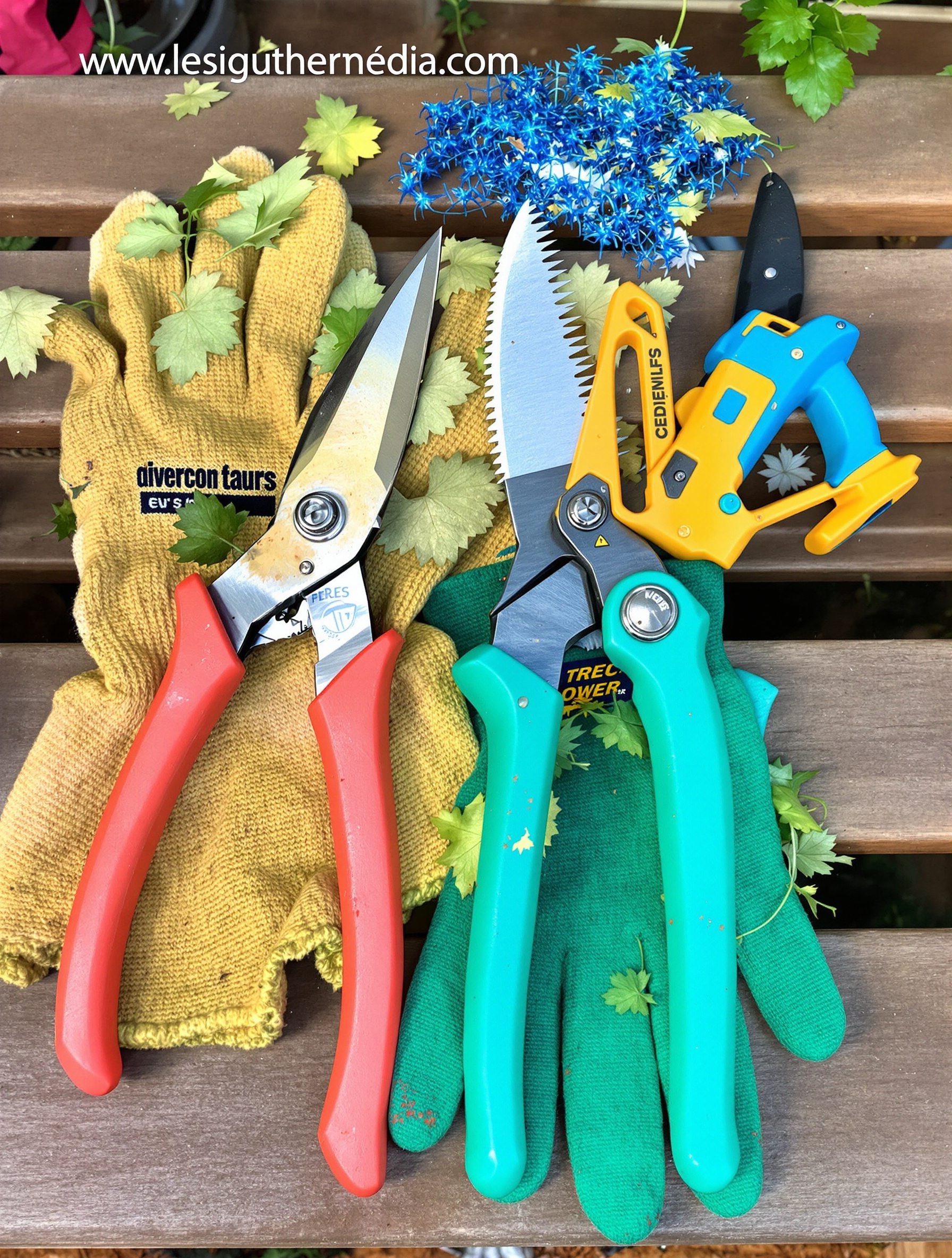 sécateur propre scie élagueuse gants table jardin humour