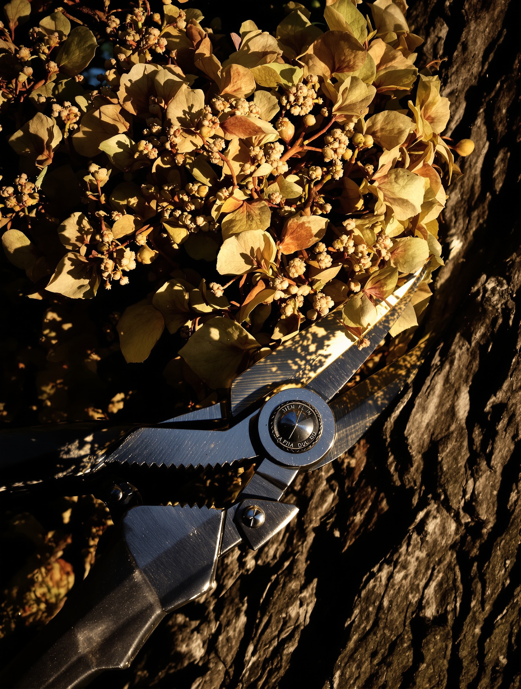 Sécateurs et branche d’hortensia à écorce rugueuse, dramatique, lumière rasante