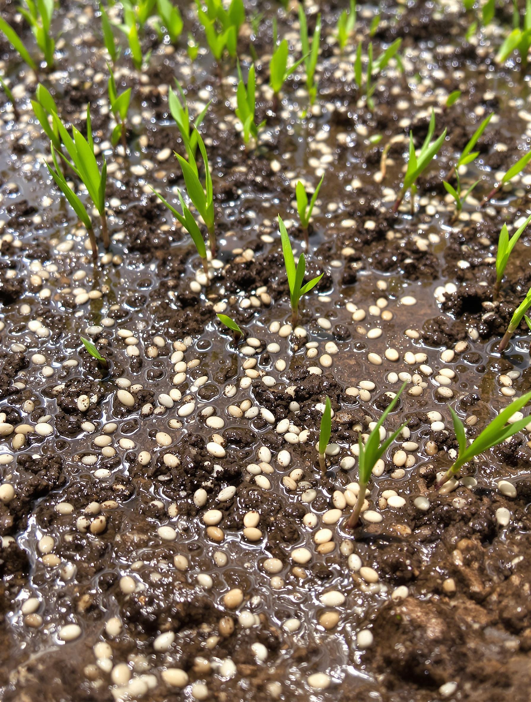 semis de pelouse détrempé avec flaques d’eau et graines visibles.